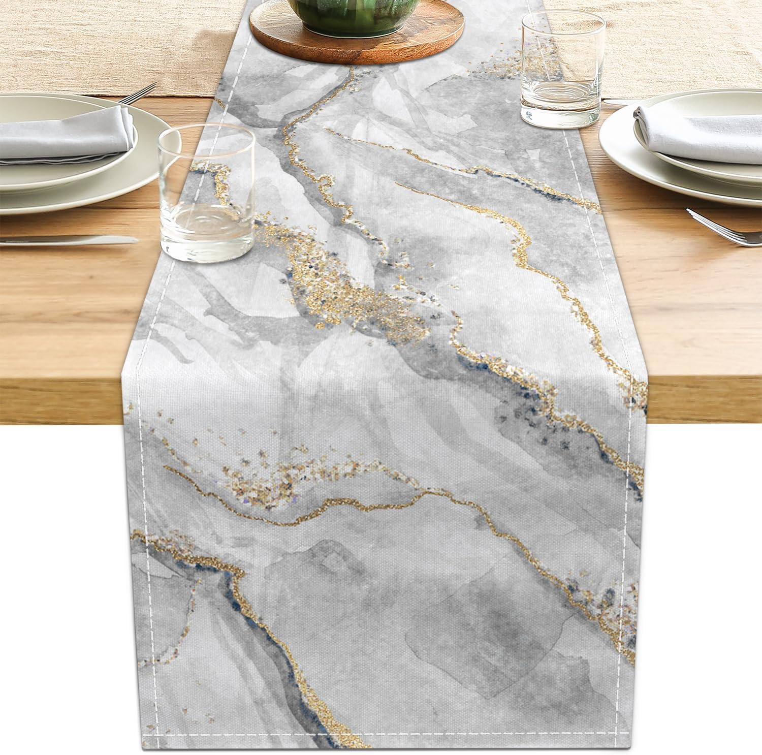 Marble Table Runner 13×71 Inch Gold Grey Table Dresser Runners Modern Table Decorations Coffee Table Runner for Home Kitchen Dining Room (Grey & Gold71)