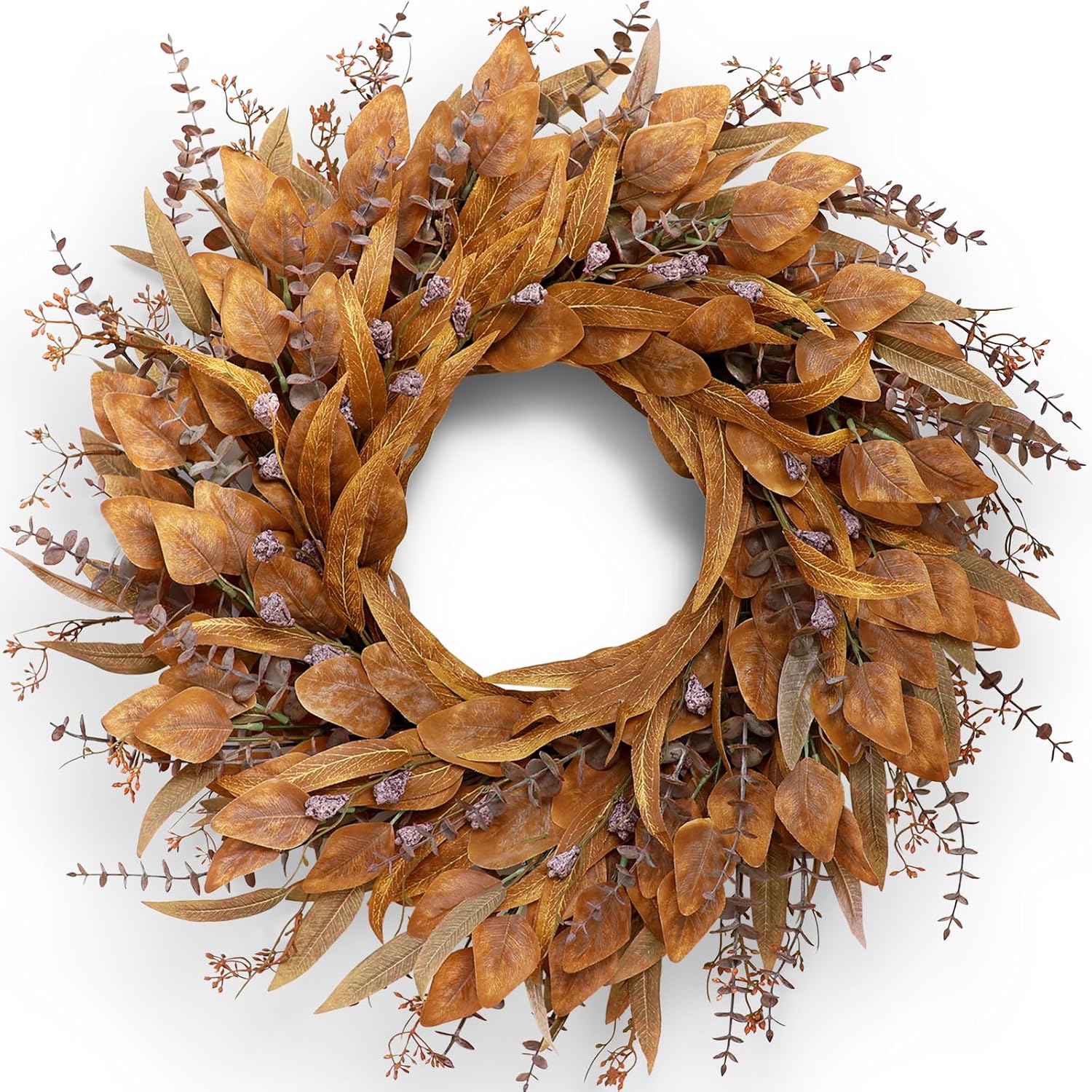 26″ Artificial Fall Eucalyptus Wreath with Seeds for Front Door(Orange) | 3-Shape Eucalyptus Leaves with Seeds,Large Size,Full and Vivid,for Autumn Porch Wall Window Fireplace Farmhouse Harvest Decor