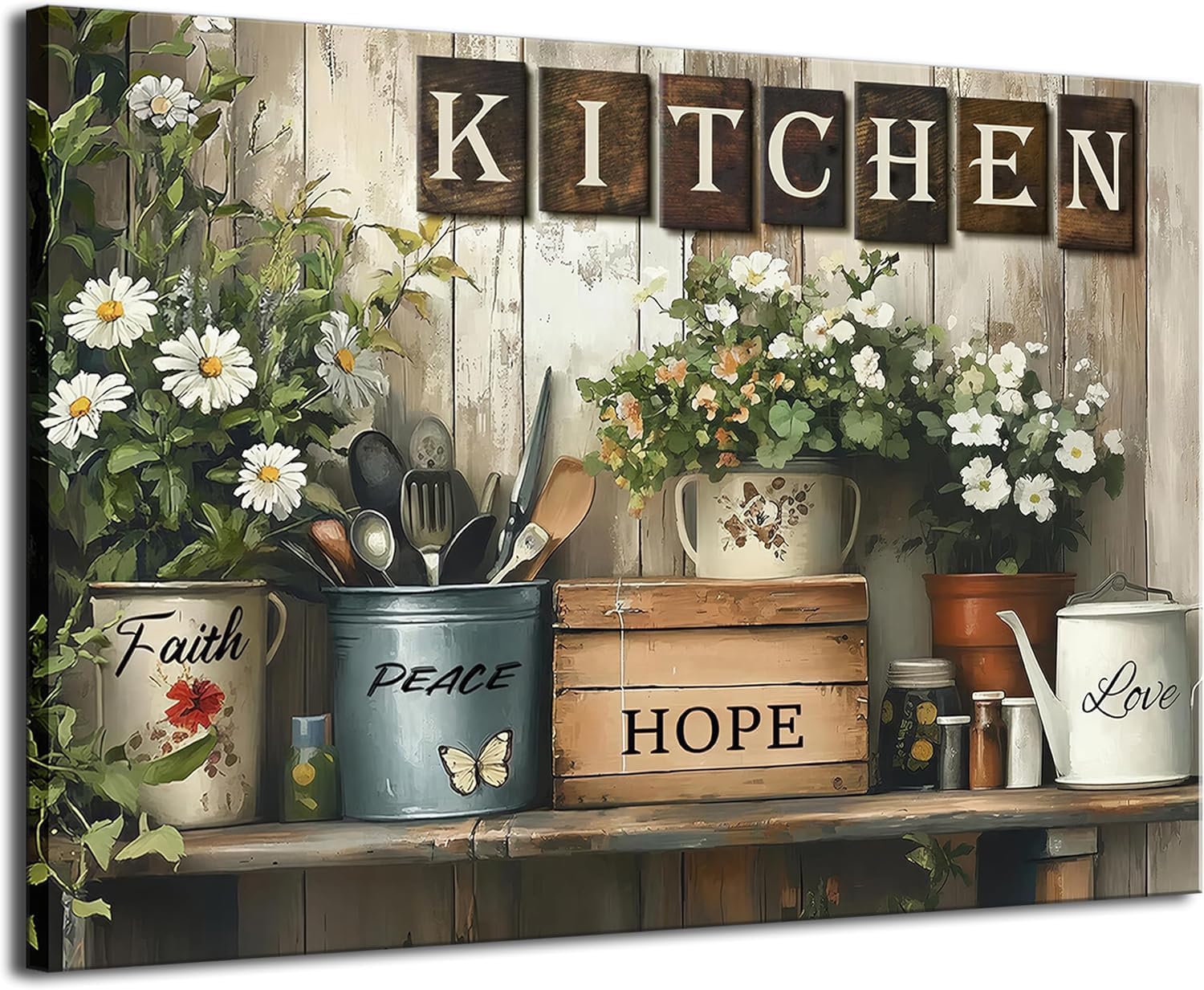 BPIIFNBHUKZ Farmhouse Kitchen Canvas Wall Art, Kitchen Still life Wall Decor Picture, Country Farmhouse Daisy Flower Painting Prints, Hope Peace Love Canvas, for Dining Room Living Room, 12×16 Inch