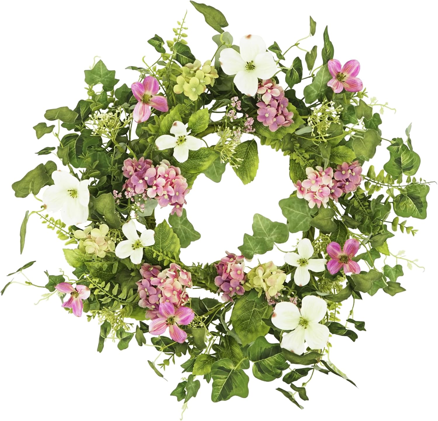 YNYLCHMX 20″ Spring Summer Wreaths for Front Door, Artificial Floral Wreath with Pink Hydrangea Green Eucalyptus Leaves, Green Foliage Wreath for Wall Window Farmhouse Party Holiday Home Decor