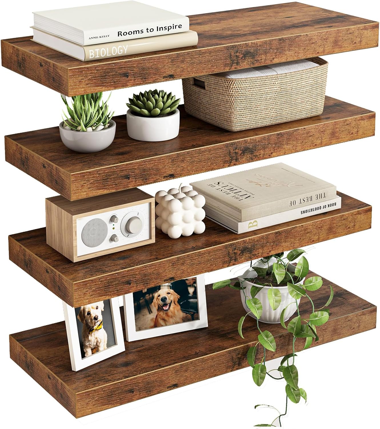 Fixwal Wood Floating Shelves, Wall Shelves Set of 4, Shelves for Wall Decor, with Invisible Brackets for Bathroom, Living Room,Bedroom and Kitchen(15.7in, Rustic Brown)