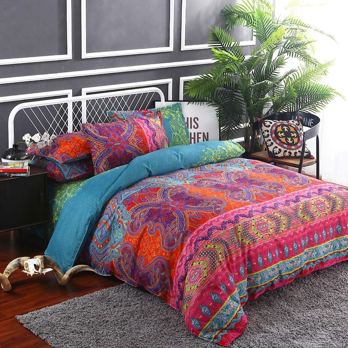 WONGS BEDDING Bohemian Comforter Set Queen, Ultra Soft Microfiber Reversible Boho Alternative Comforter Set – 3 Pieces (1 Solid Comforter + 2 Pillowcases), Bedding Duvet Set for Queen Bed