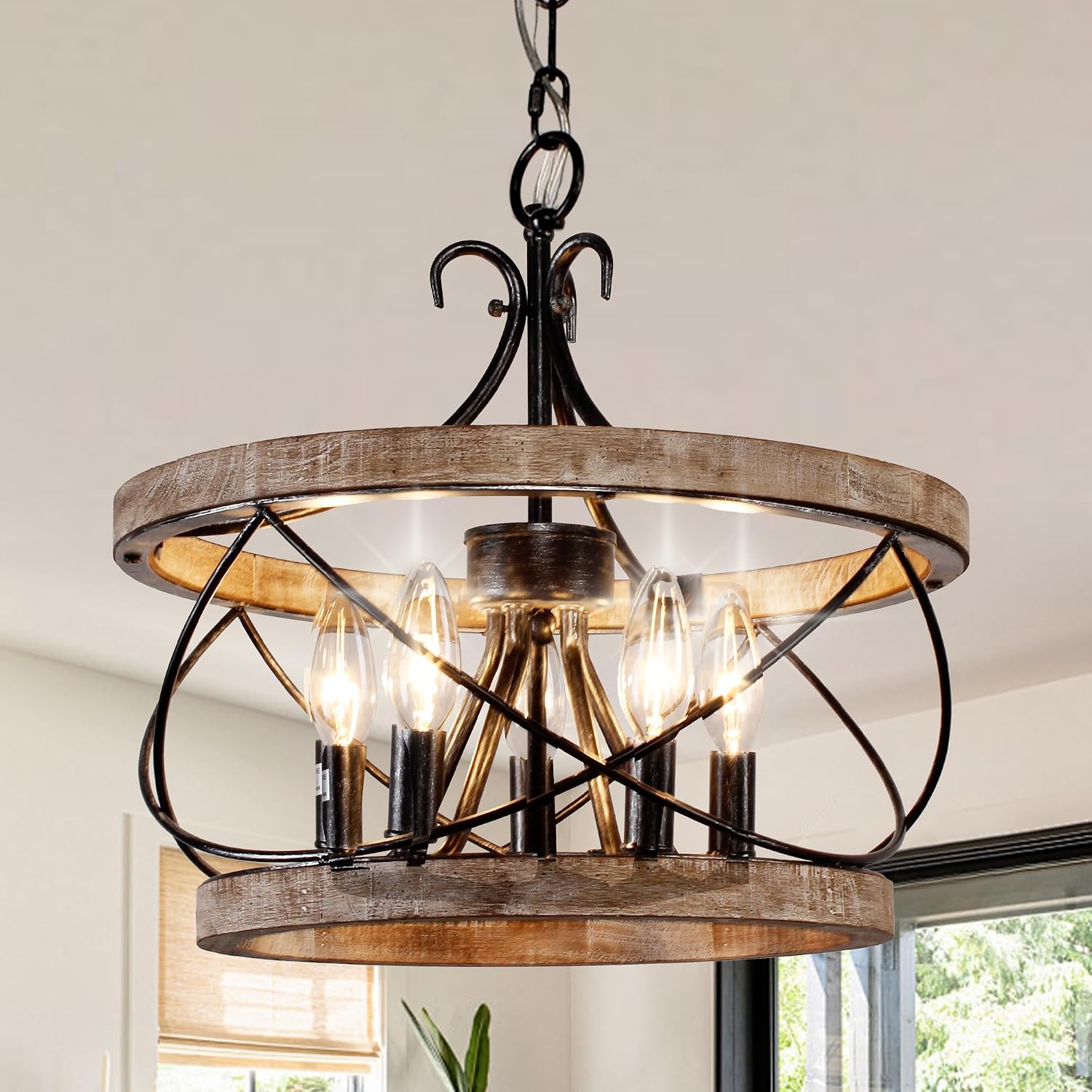 Farmhouse Wood Chandelier Light Fixture, 16 Inch Dining Room Light Fixture | Over Table, 5-Light French Country Rustic Industrial Drum Chandelier for Kitchen Dining Room Entryway