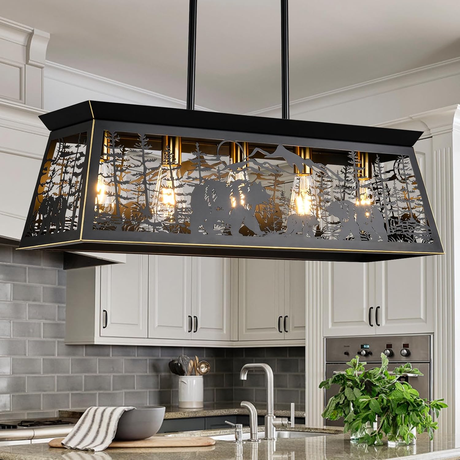 Farmhouse Rustic Dining Room Light Fixture with Bear Design,Black Western Kitchen Island Lighting, Rustic Rectangle Chandelier for Dining Room Kitchen Island (32-Inch 5-Light)