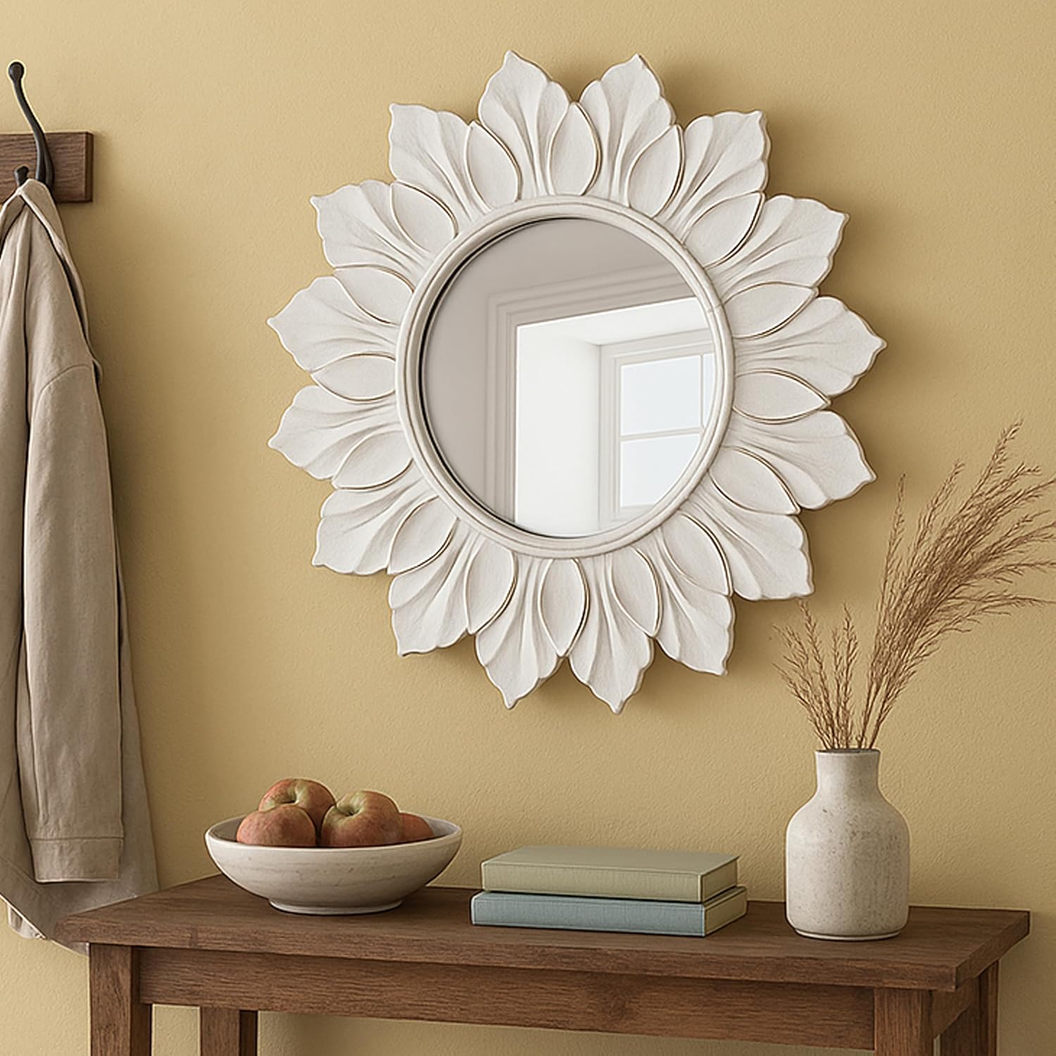 Sunflower Sunburst Wall Mirror, 22″ Distressed White Wooden Frame, Handcrafted Petal Floral Design, Vintage Farmhouse Style Mirror for Wall Decor for Living Room, Bedroom, Bathroom, Vanity