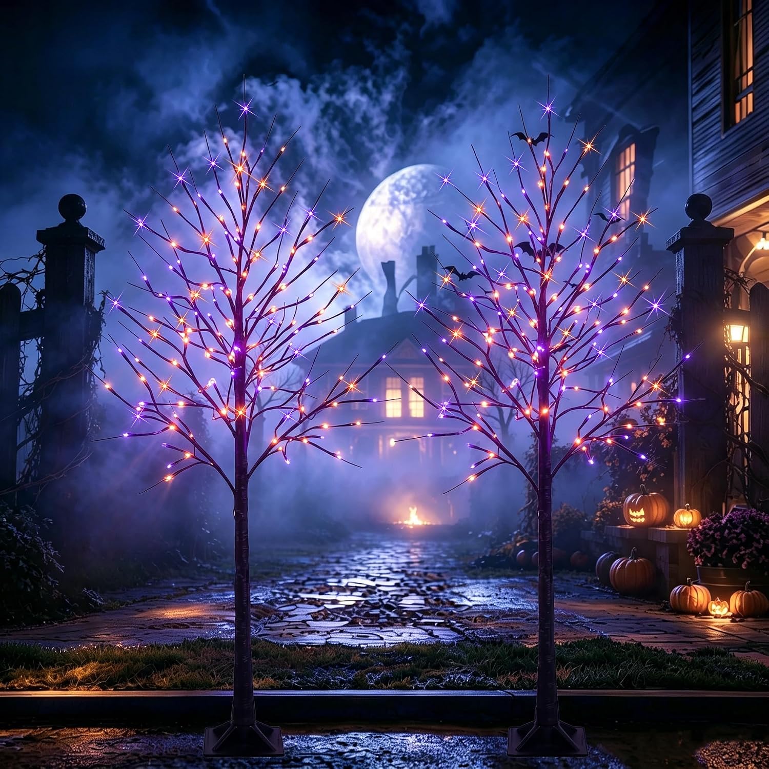 Dazzle Bright 2 Pack 6 FT Halloween Lighted Black Birch Tree, Total 288 LED Purple and Orange Spooky Tree with Timer, Waterproof Halloween Decoration Indoor Outdoor for Home Party Yard Decor