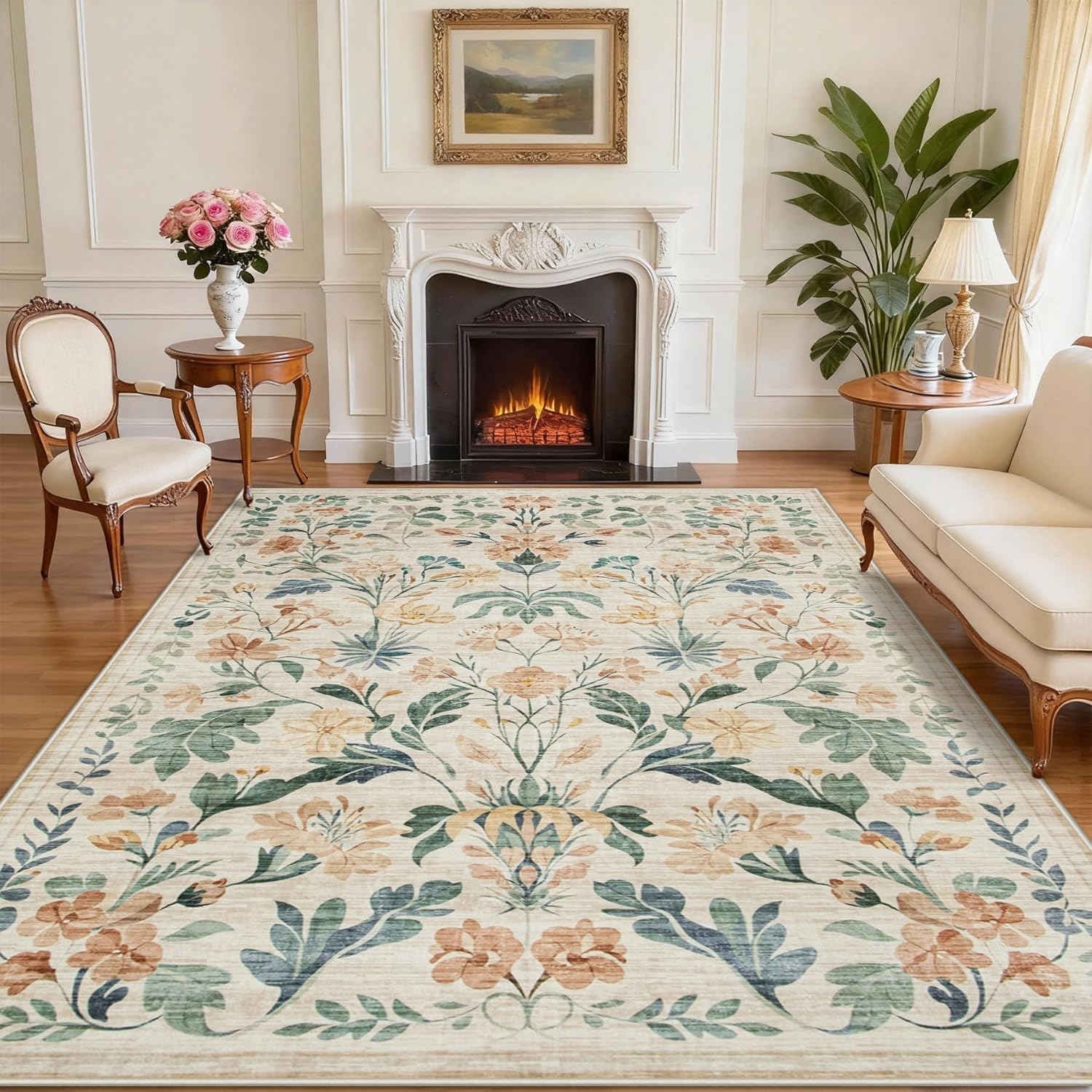 8×10 Area Rugs Boho Floral Washable Living Room Rug Neutral Carpet Bedroom | Beige, Farmhouse, Large, Playroom, Kids, Soft, Non-Slip, Non-Shedding, Stain Resistant, Dining Room, office, Indoor