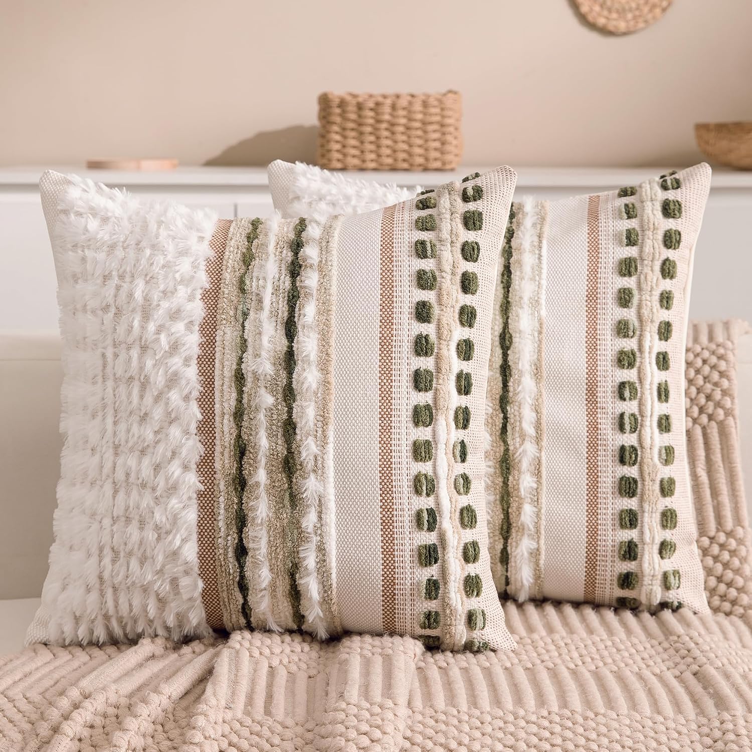Boho Chenille Tufted Couch Throw Pillow Covers 18×18 Inch Set of 2 Farmhouse Striped Decorative Pillow Covers Accent Neutral Square Pillowcase Green Cushion Covers for Livingroom Sofa Bed