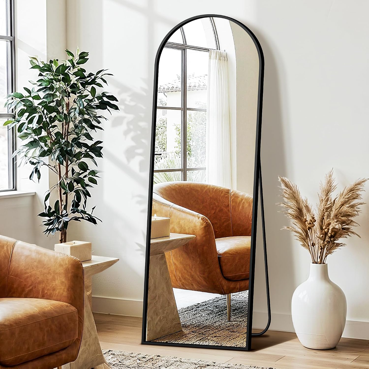 Arched Full Length Mirror with Stand, 56″x15″ Full Body Floor Mirror, Black | HD Shatterproof Glass, Aluminum Alloy Frame, Free Standing/Leaning/Wall-Mounted for Bedroom, Living Room, Cloakroom, Entryway