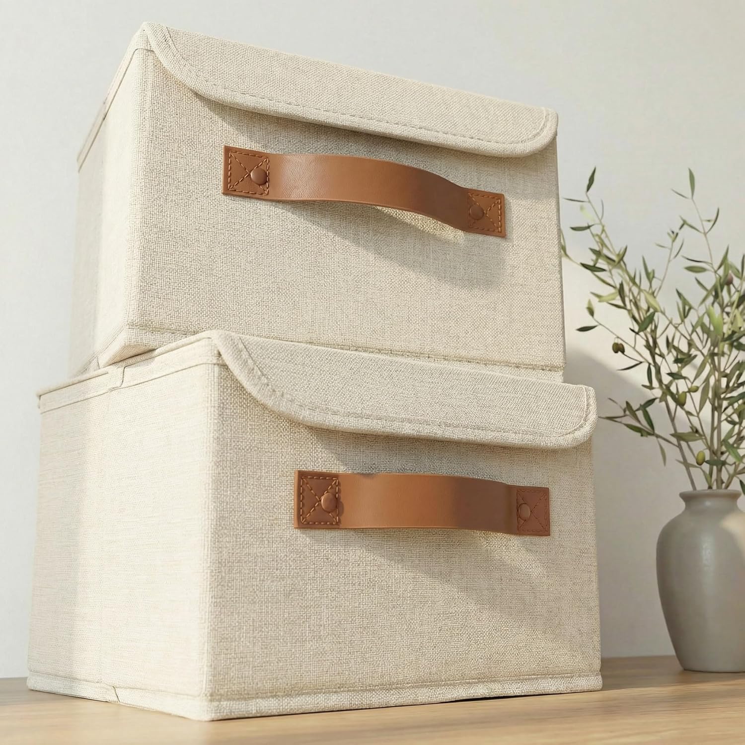 Decorative Linen Storage Boxes with Lids – Spacious Set of 2 Organizer Bins for Your Home Decor – The Perfect Small Container to Safely Store Photos, Documents and Memory Box Keepsakes in Style