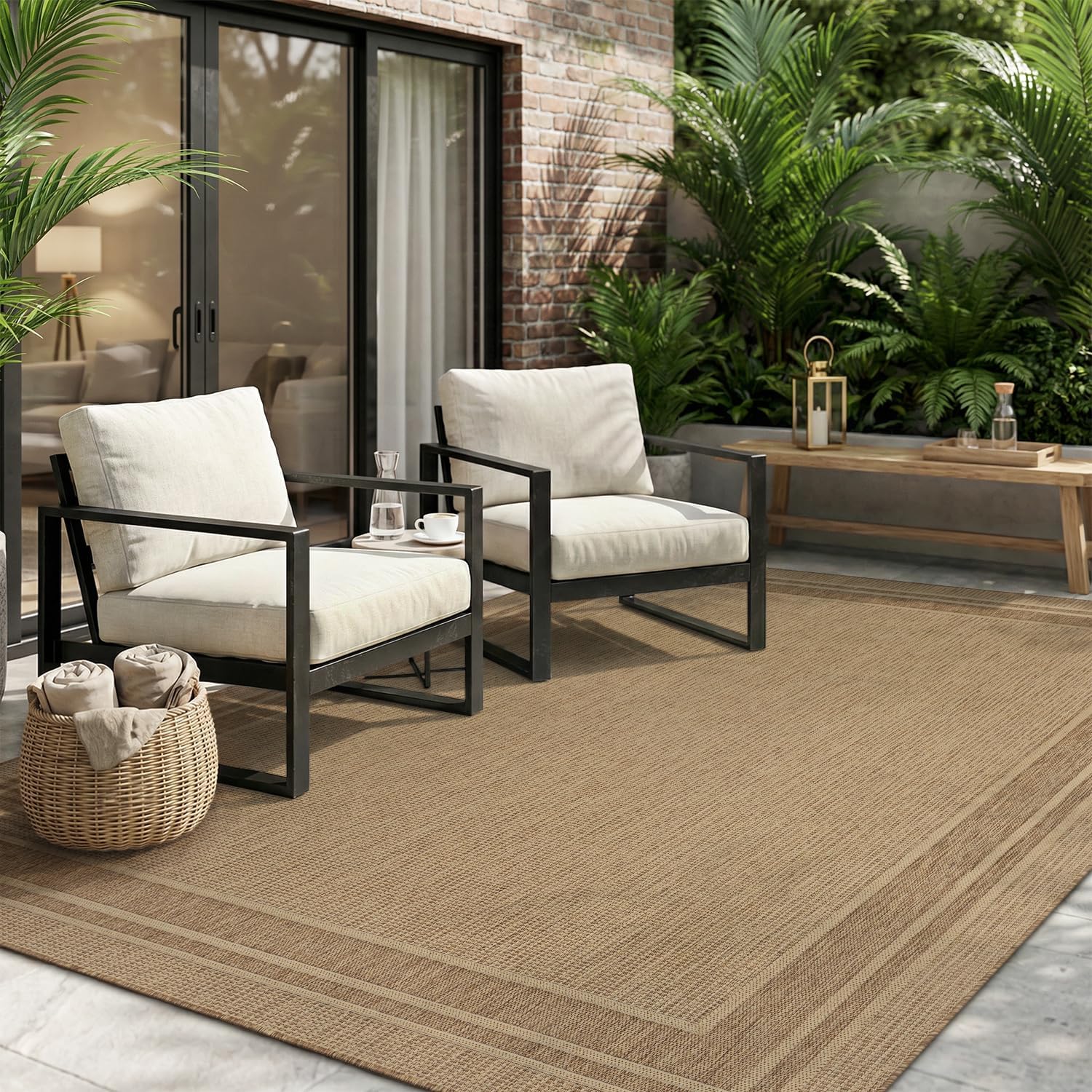 MontVoo-Outdoor Rug-Patio Rug 5×7 ft Polypropylene Indoor Outdoor Rugs Outdoor Carpet for Patio Deck Balcony Porch, Textured Weave, Durable for High Traffic, Fade-Resistant, Modern Neutral Brown