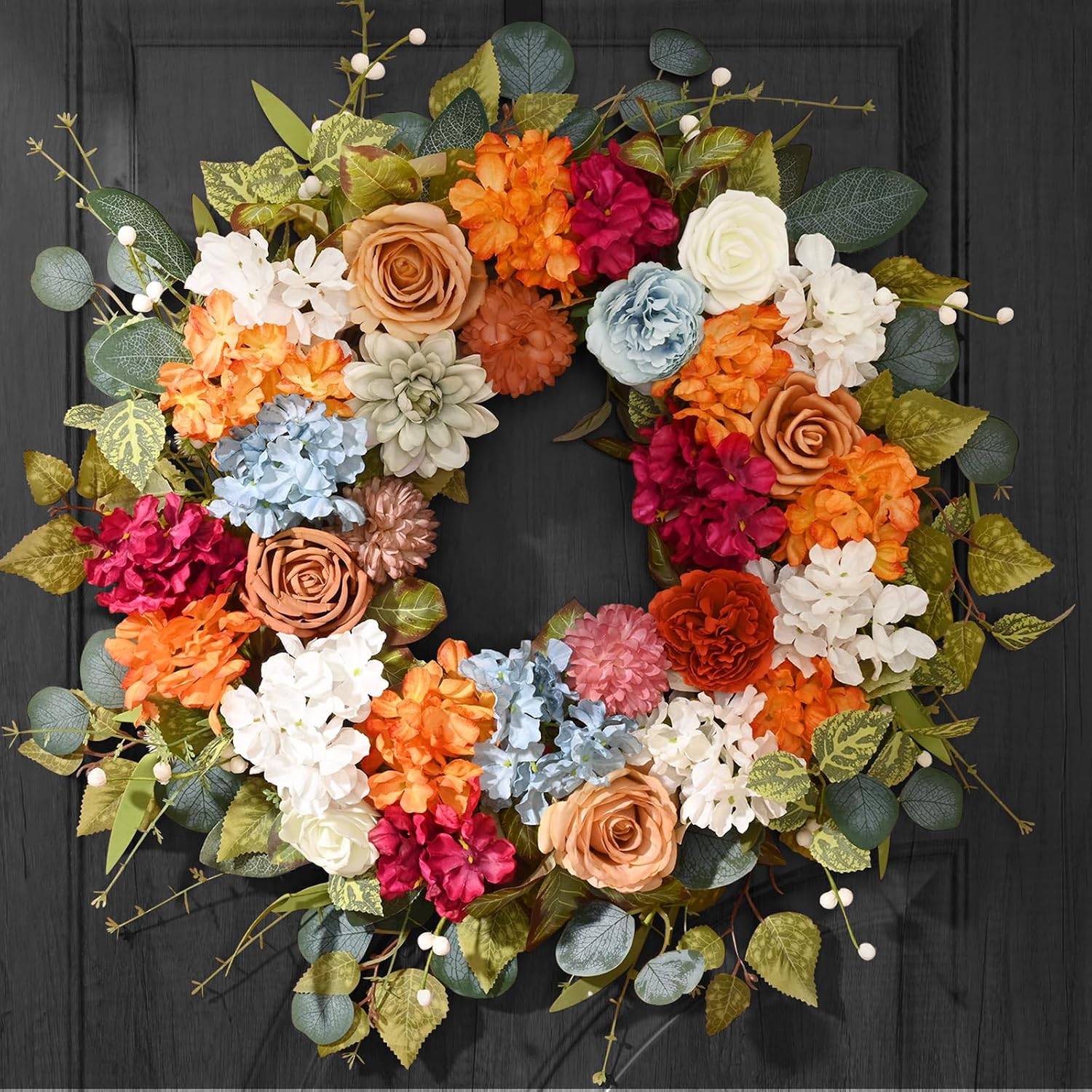 Fall Wreaths for Front Door, 26 Inches Fall Wreath with Hydrangea | Fall Door Wreath with Dahlia, Autumn Wreaths, Fall Decoration for Home Porch Wall Decor, Thanksgiving Wreath Fall Decor