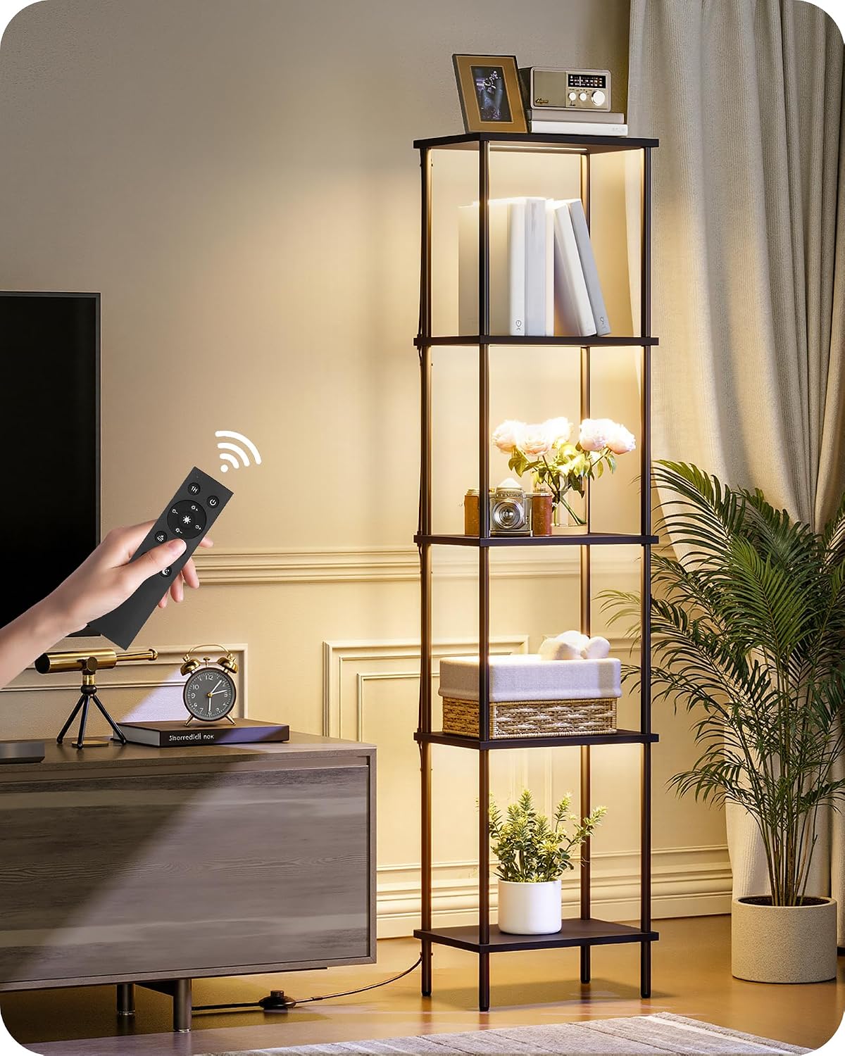 Display Shelf with Light, 5-Tier Shelf Lamp, Corner Floor Lamp with Shelves, Dimmable LED Floor Lamp for Living Room with Remote and Foot Control, 3CCT, Timer, Standing Lamp, Corner Bookshelf B52LD05