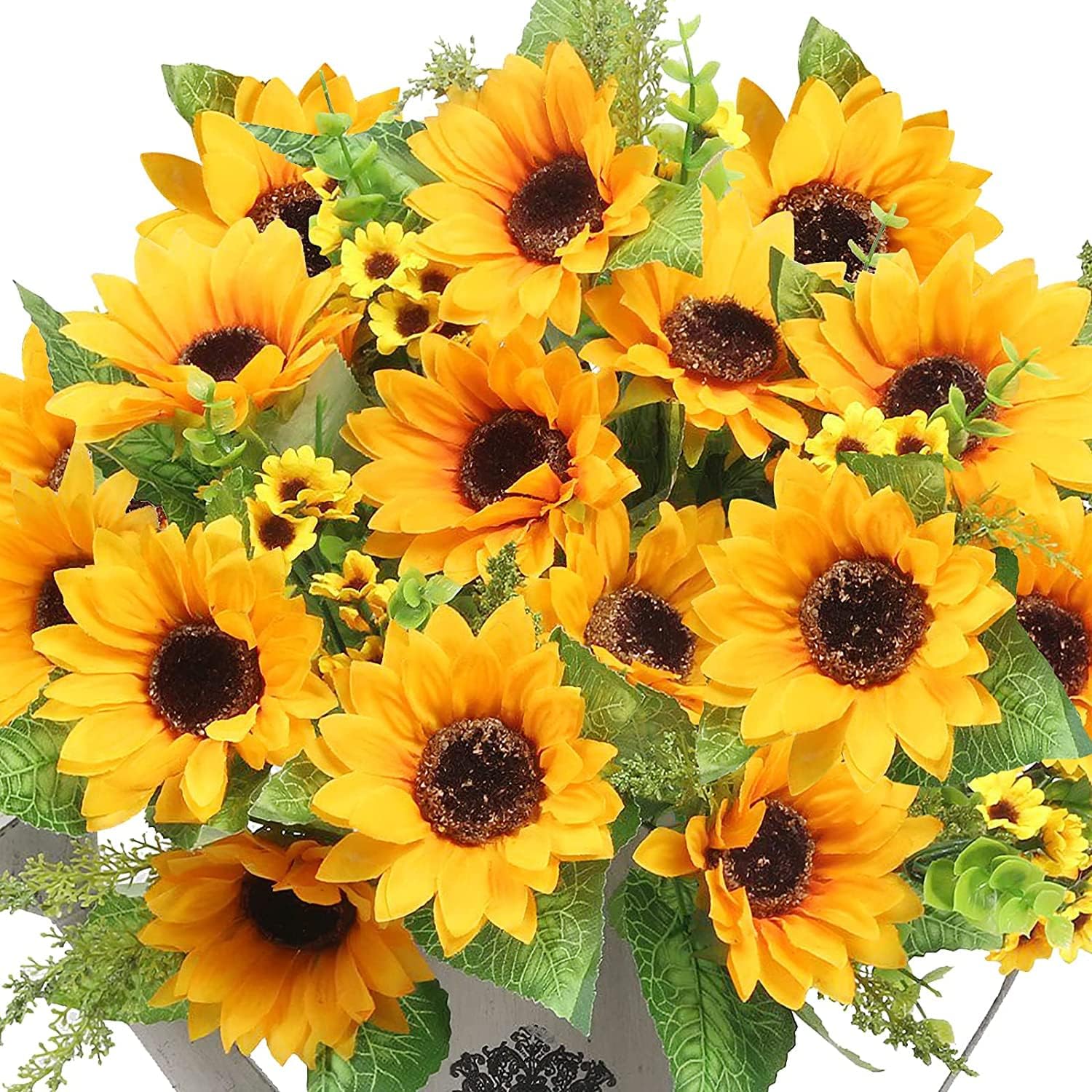 AmyHomie Artificial Sunflowers for Outdoors – 2 Bunches Fake Sunflower Bouquets with 14 Large Blooms, UV Resistant Silk Flowers for Home Wedding Fall Decor, Garden Party Centerpieces, 17.7 Inches