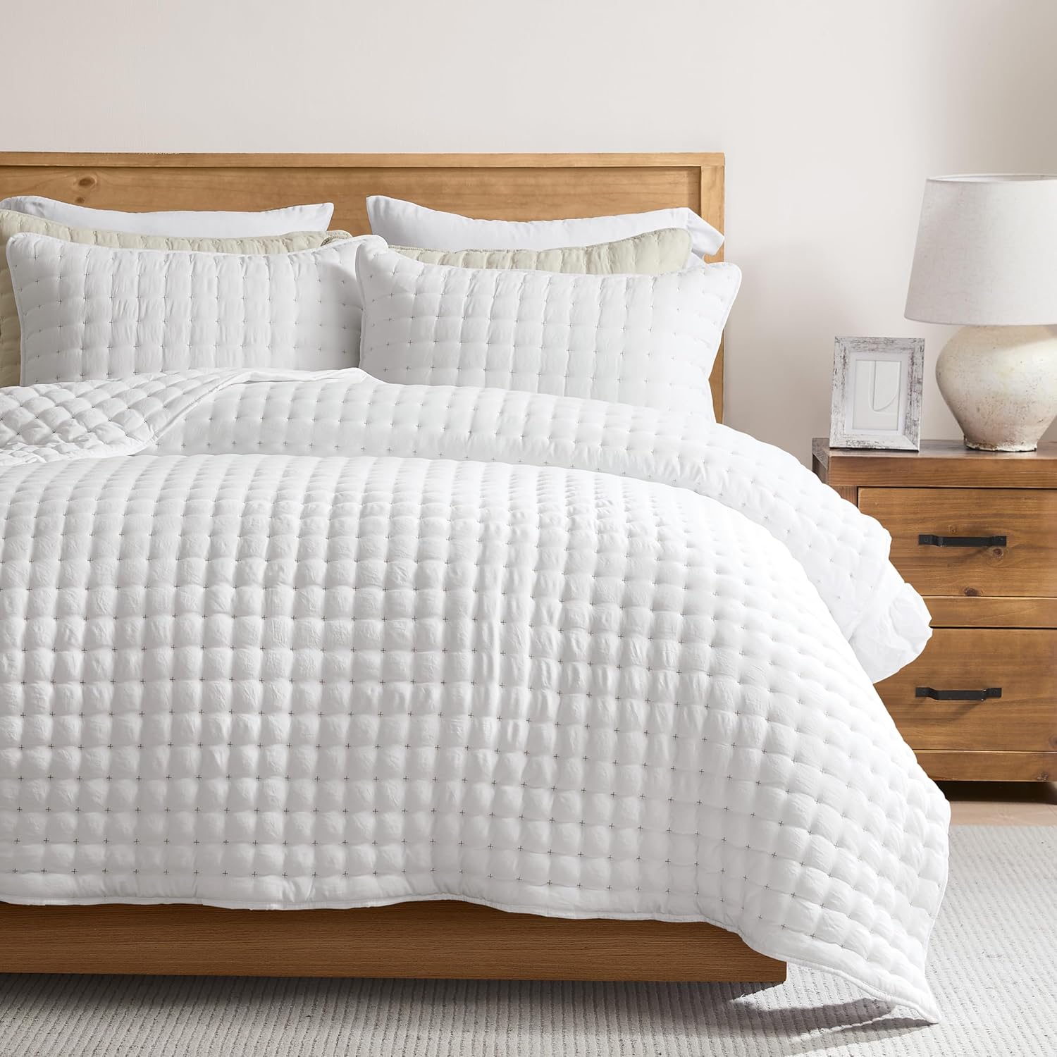 WDCOZY White King Size Quilt Bedding Sets with Pillow Shams, Lightweight Soft Bedspread Coverlet, Quilted Blanket Thin Comforter Bed Cover, All Season Summer Spring, 3 Pieces, 104×90 inches