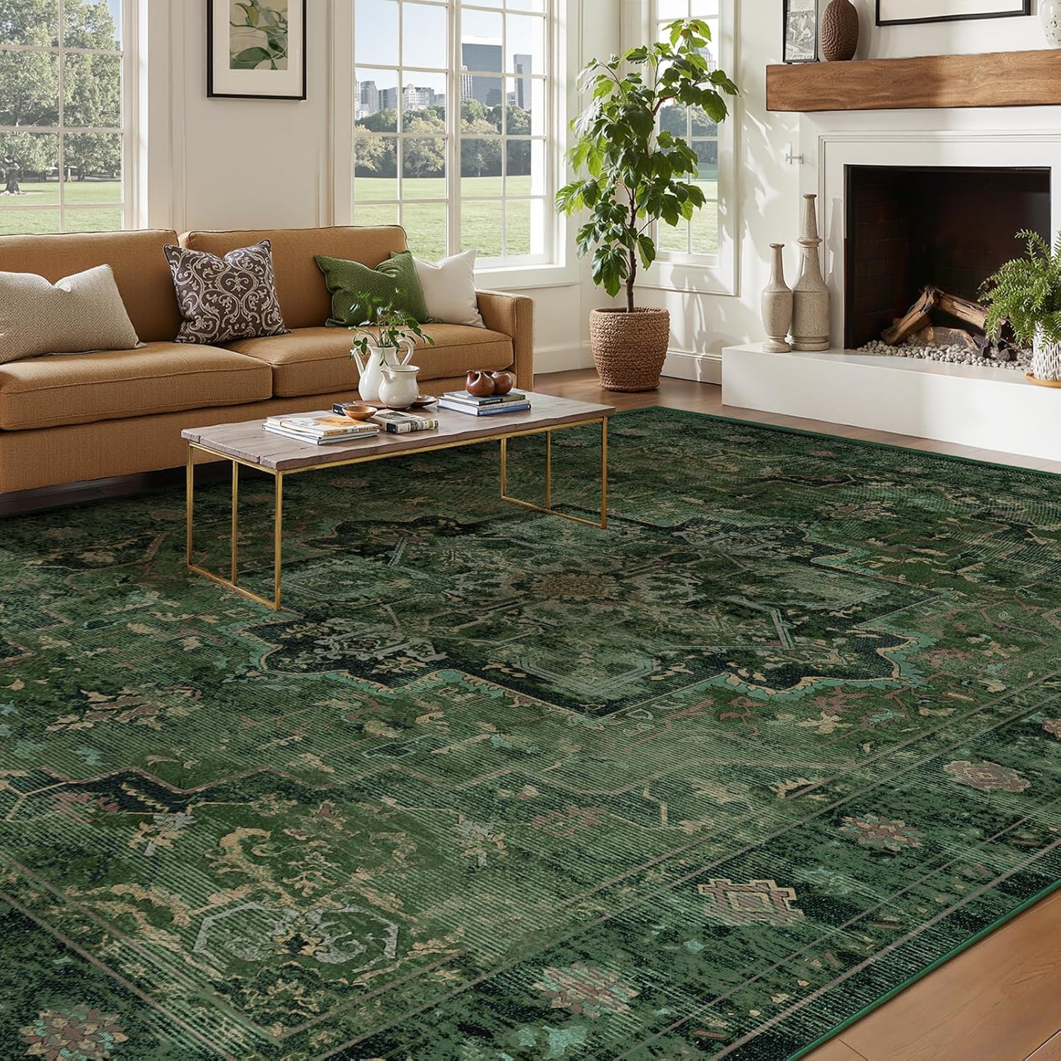 Tranditional Dark Green 8×10 Rugs for Living Room Bedroom, Washable Non Slip Low Pile Thin Dining Room Rugs for Under Table, Distressed Medallion Pattern Printed Soft Carpet for Guest Room
