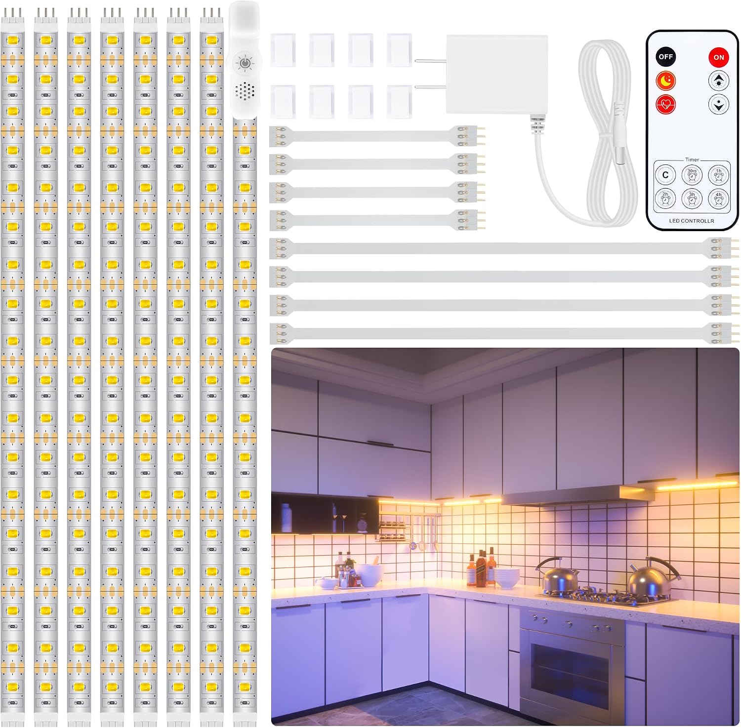 LAFULIT 8 PCS 20in Under Cabinet Lighting Kit, 2700K | Warm White Strips, Pre-Cut Flexible Design, Remote and Power Adapter, 13ft Total Length, For Shelf Desk Counter