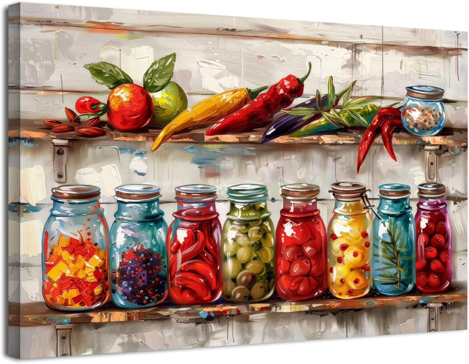 Colorful Kitchen Pictures Wall Decor Mason Jar Kitchen Wall Art Farmhouse Spices Food Canvas Prints Kitchen Art Dining Room Wall Decor Rustic Still Life Painting Vintage Peppers Herbs Poster 12×16″