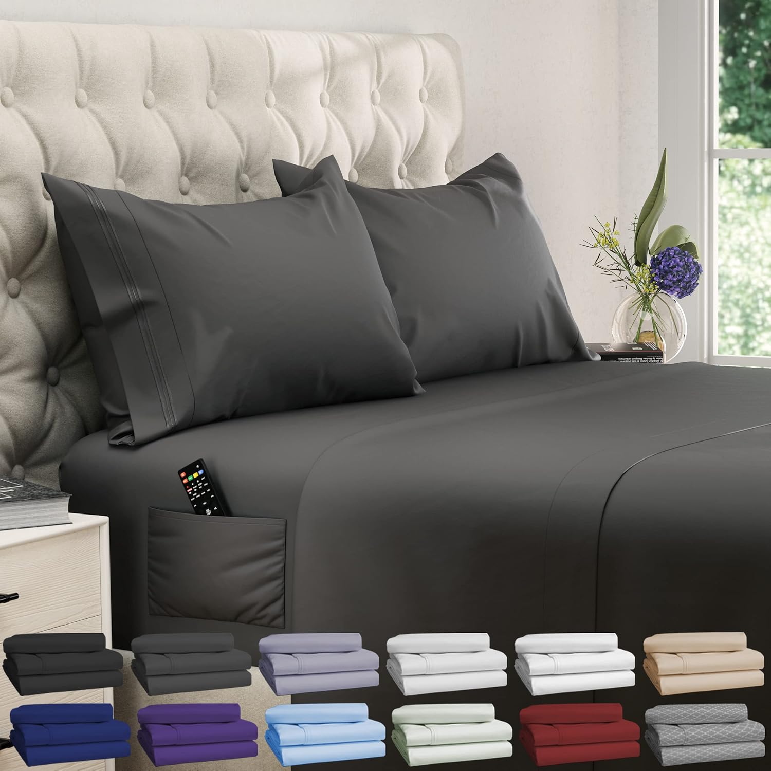 DREAMCARE King Size Sheets Set – 4 pcs Breathable Cooling Sheets – up to 21″ Extra Deep Pocket King Sheet Set with Side Pockets – Extra Soft 100% Brushed Hypoallergenic Hotel Luxury Bedding – Gray | up to 21″ Extra Deep Pocket King Sheet Set with Side Pockets – Extra Soft – Double Brushed Hotel Luxury Bed Sheets – Gray