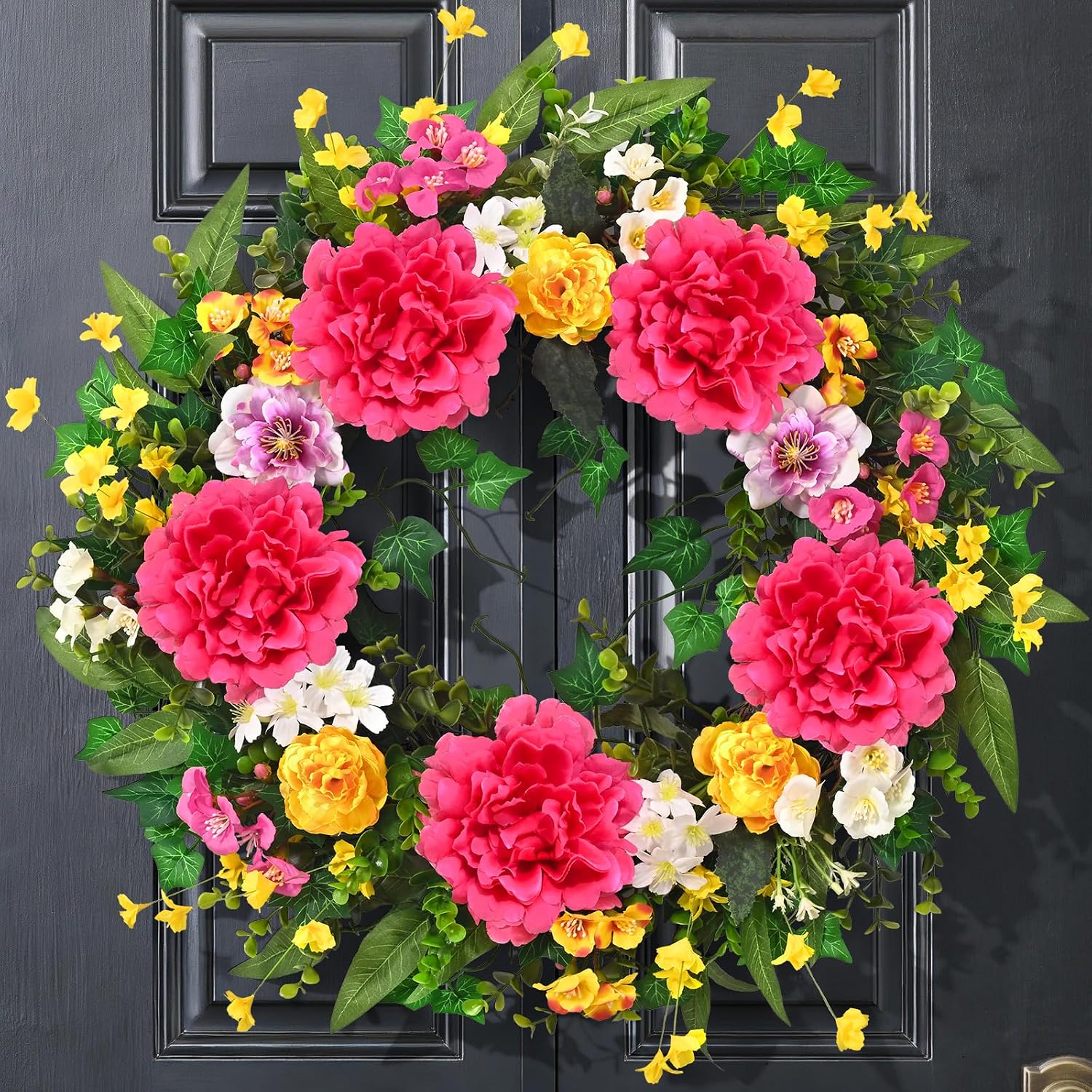 Yastouay Spring Summer Wreaths for Front Door, 24 Inch Large Spring Summer Door Wreath with Vibrant Peonies Hibiscus Flowers, Spring Wreath for Front Door Farmhouse Porch Wall Window Indoor Outdoor