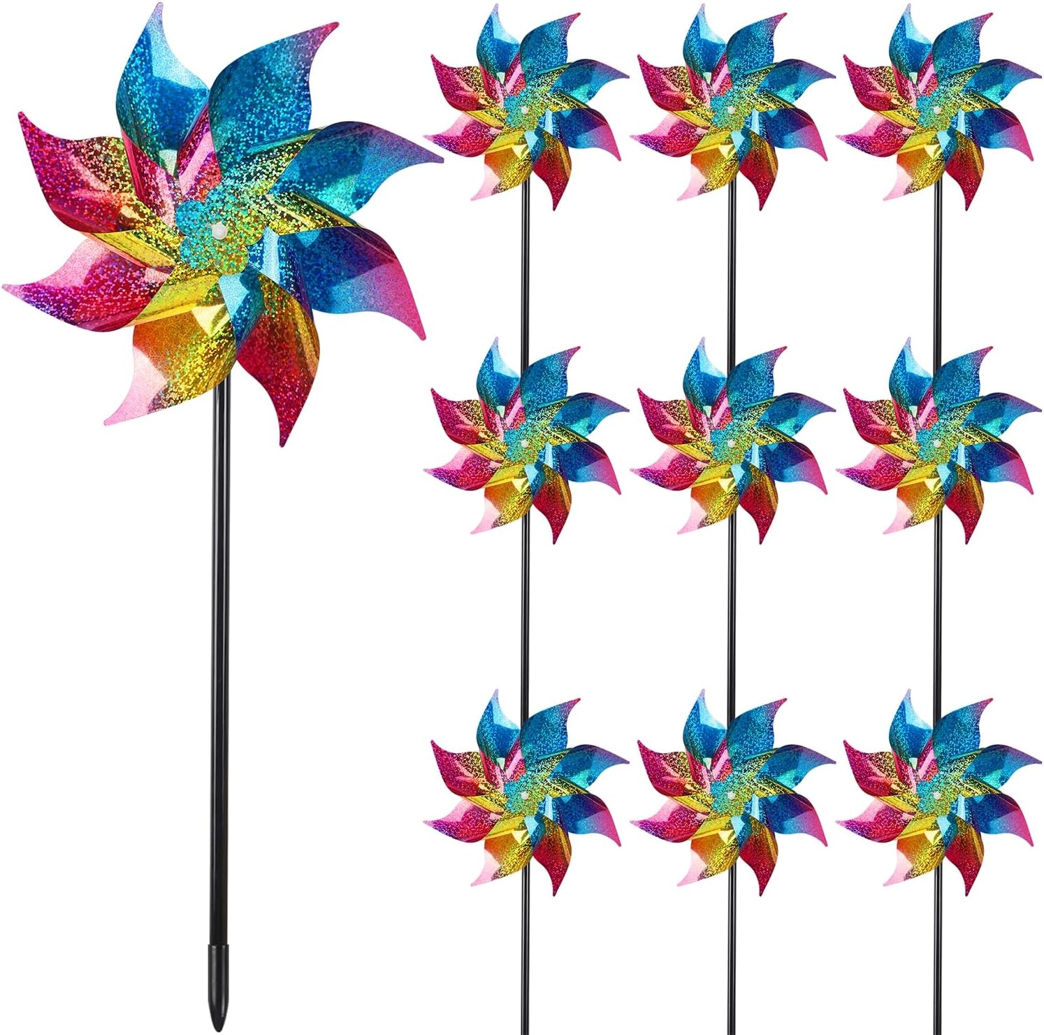 Hausse 10 Pack Reflective Pinwheels Wind Spinner (Assembly Required), Extra Sparkly Rainbow Pinwheel with Stakes, Bird Repellent Blinder Devices Scare Birds Away from Yard Patio Farm Garden, Colorful