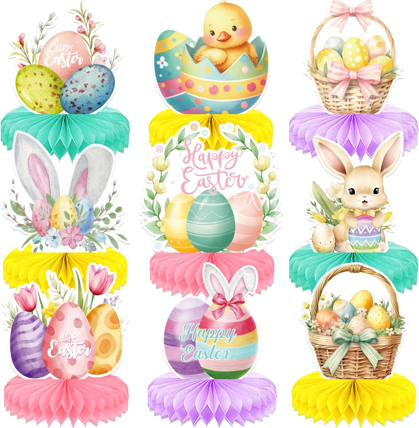 Easter Centerpieces for Tables,Colorful Easter Table Decorations | 9Pcs Easter Centerpieces, Cute Bunny Egg Honeycomb Centerpieces for Spring Happy Easter Rabbit Photo Prop Party Supplies
