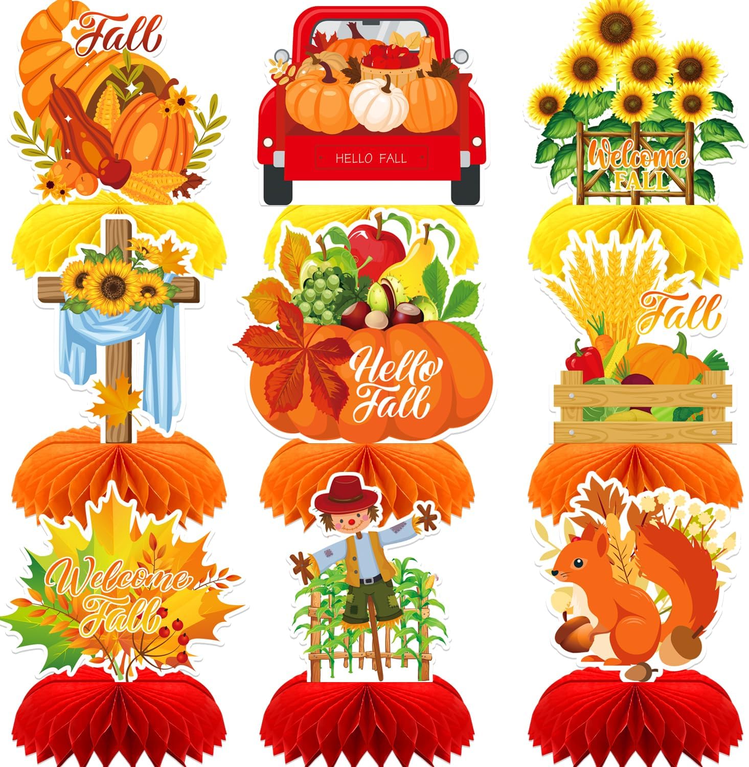 Fall Table Decorations – 9Pcs Fall Honeycomb Centerpieces for Tables with Pumpkins, Sunflowers, Scarecrow, Squirrel for Thanksgiving Dinner, Autumn Harvest Festival, Rustic Fall Party Decorations
