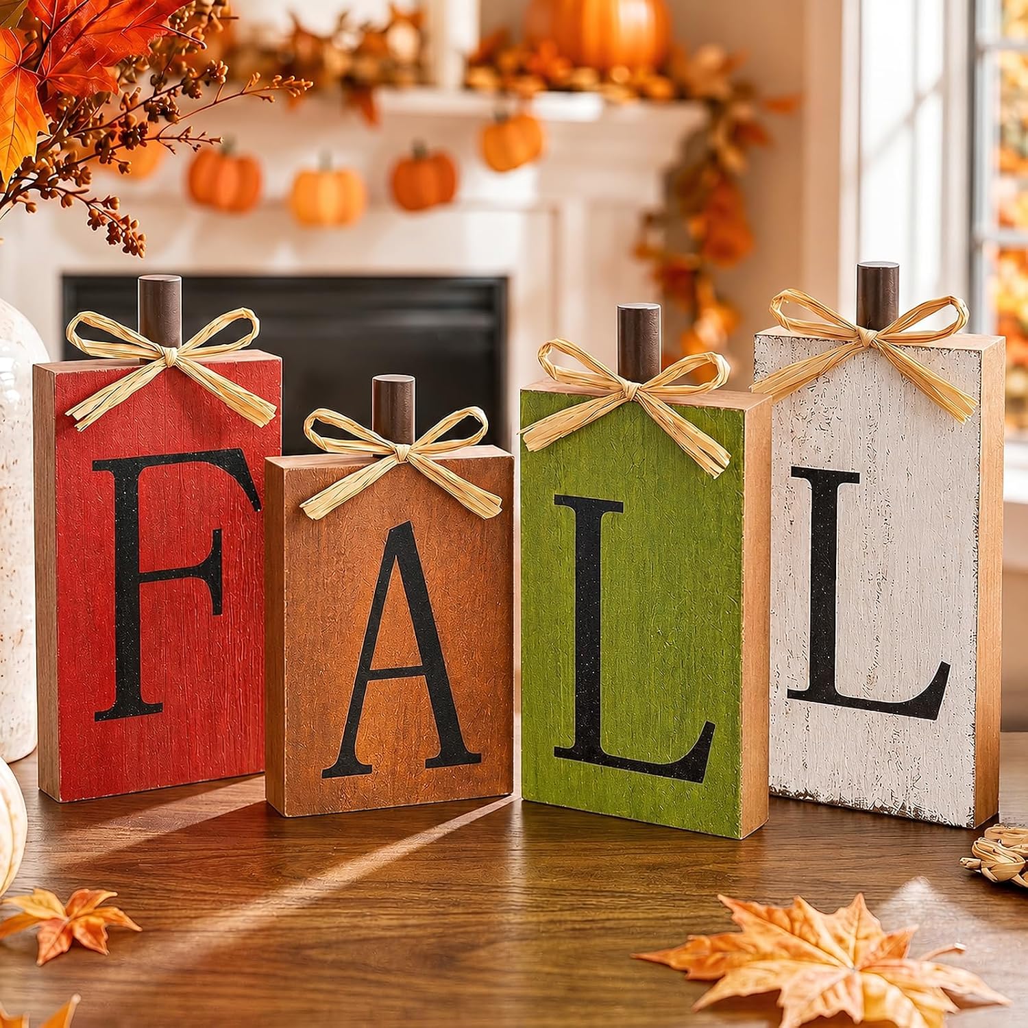 OLANRUN Fall Decorations for Home, Fall Decor – 4Pcs Vintage Wooden Autumn Thanksgiving Decorations for Table Indoor Home Office Farmhouse Kitchen Room Bedroom Mantel Tiered Tray Rustic Wood Signs