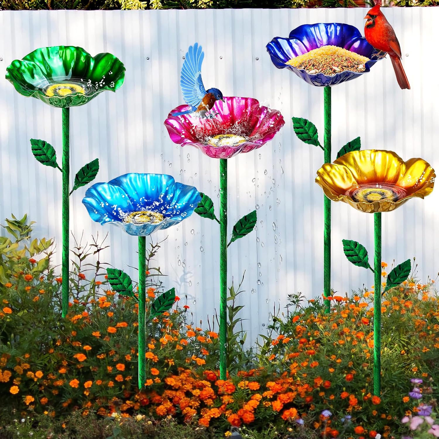 5 PCS Metal Bird Bath with Garden Stakes for Outdoor Yard Patio | Multicolor Flower Bird Feeders, Rust-Resistant Metal, 23.6 Inches Tall, Bee Watering Station, Hummingbird Feeder, Yard Decor