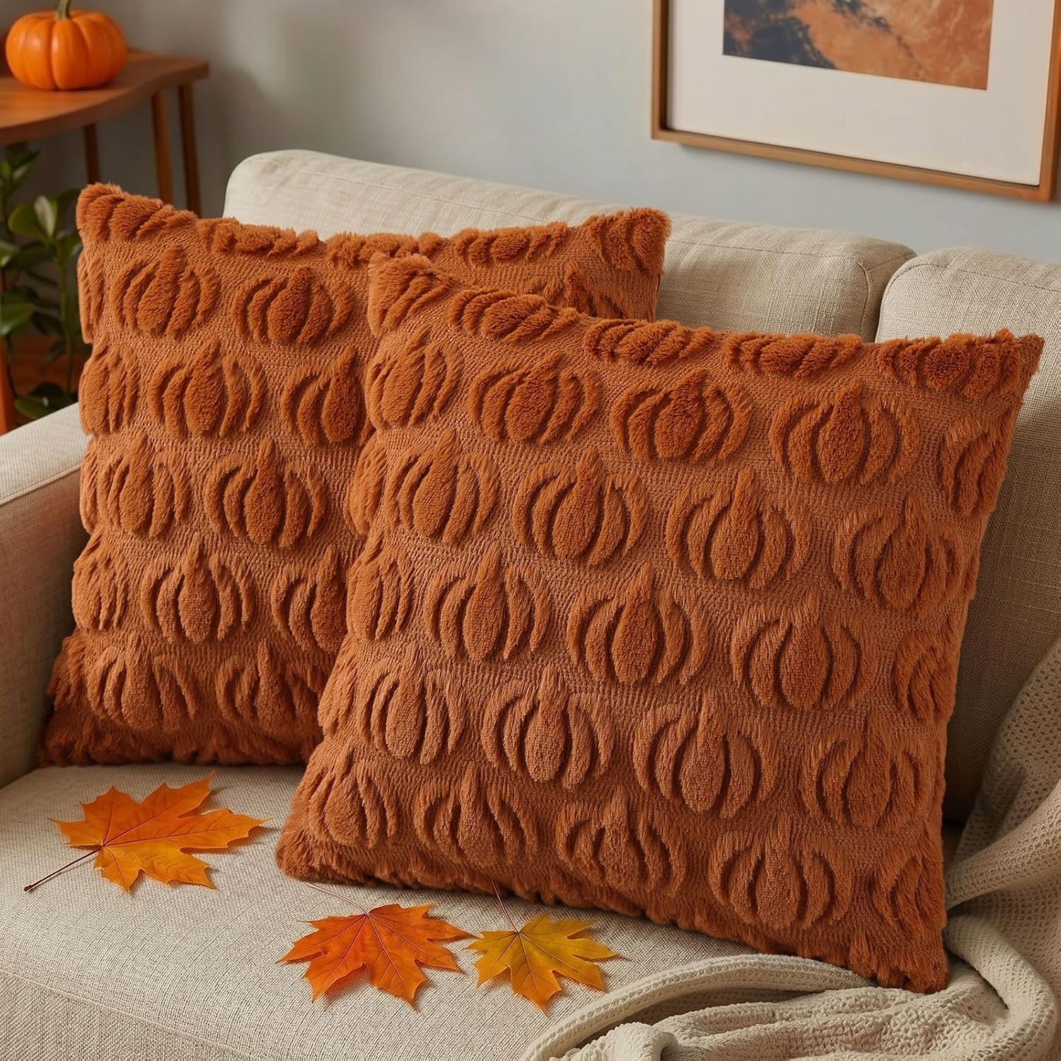 decorUhome Fall Throw Pillow Covers 18×18 Set of 2 Autumn Decorations Light Rust Pumpkin Soft Faux Fur Pillow Covers for Sofa Couch Bed Living Room Halloween Home Decor