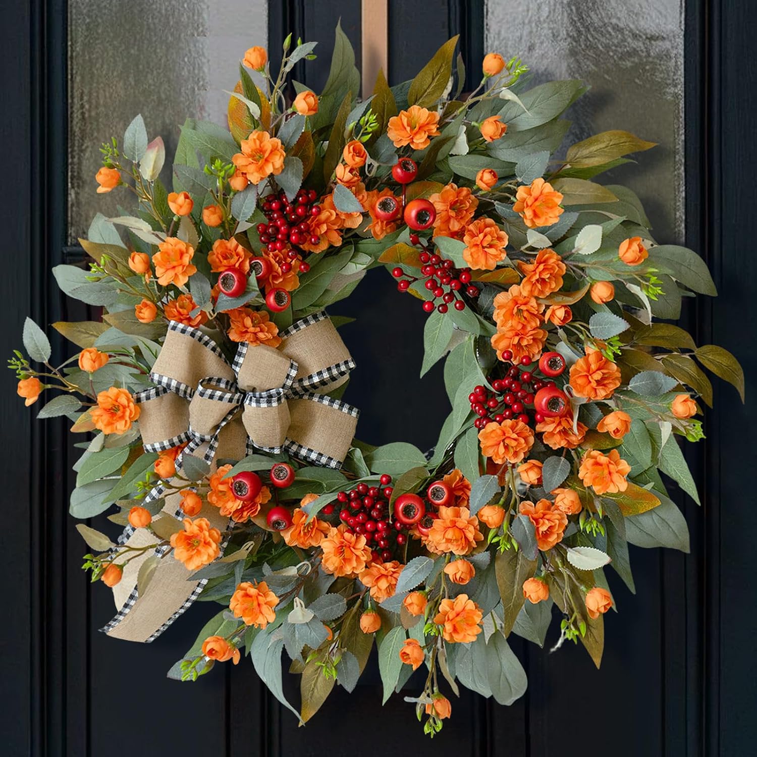 24 Inch Harvest Fall Wreaths for Front Door Outside with Bow & Red Berries | Artificial Autumn Leaf Wreaths with Lifelike Orange Camellia-Rustic Farmhouse Mantel Porch Decor for Thanksgiving Halloween