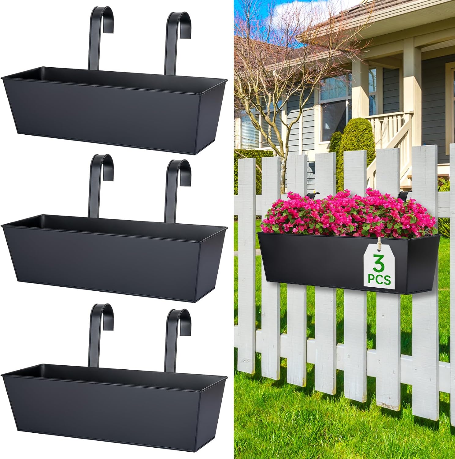 OGIMA 16-Inch Railing Planter Box, 3 Pack Large Hanging Planters for Outdoor Plants with Detachable Wide Hooks for 2.7” Railings – Balcony Planters Railing Hanging for Deck, Fence & Patio Decor