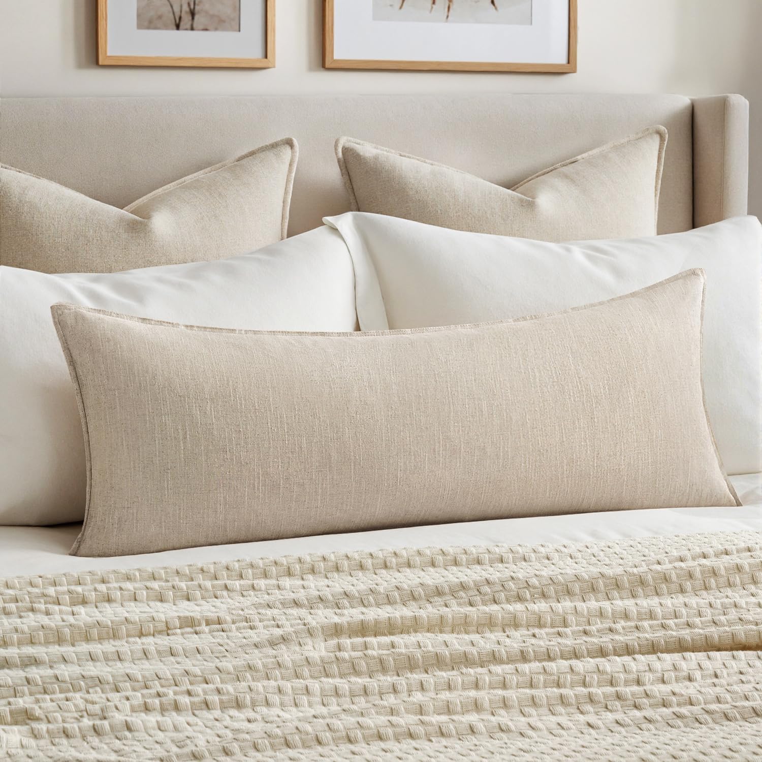 MIULEE Decorative Linen Lumbar Pillow Cover 14×36 Inch Natural Beige | Boho Farmhouse Neutral Couch Long Throw Pillow for Bed, Pack of 1 Accent Modern Pillowcase, Sofa Livingroom Home Decor