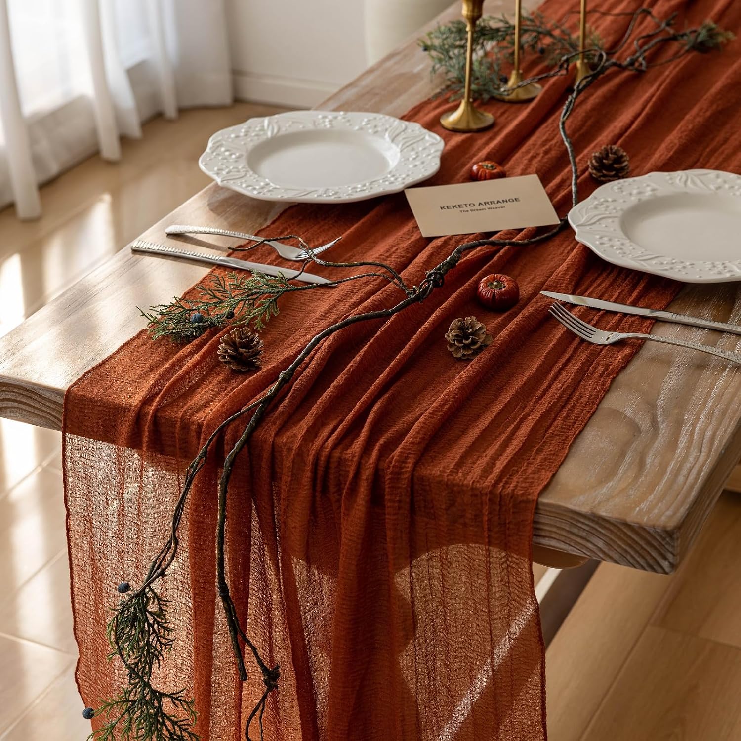 Keketoarrange Fall Thanksgiving Table Runner Terracotta Decorations 120 Inch 10 FT Rustic Burnt Orange Sheer Cheese Cloth for Baby Bridal Shower Friendsgiving Party Centerpiece Gauze Decor for Home