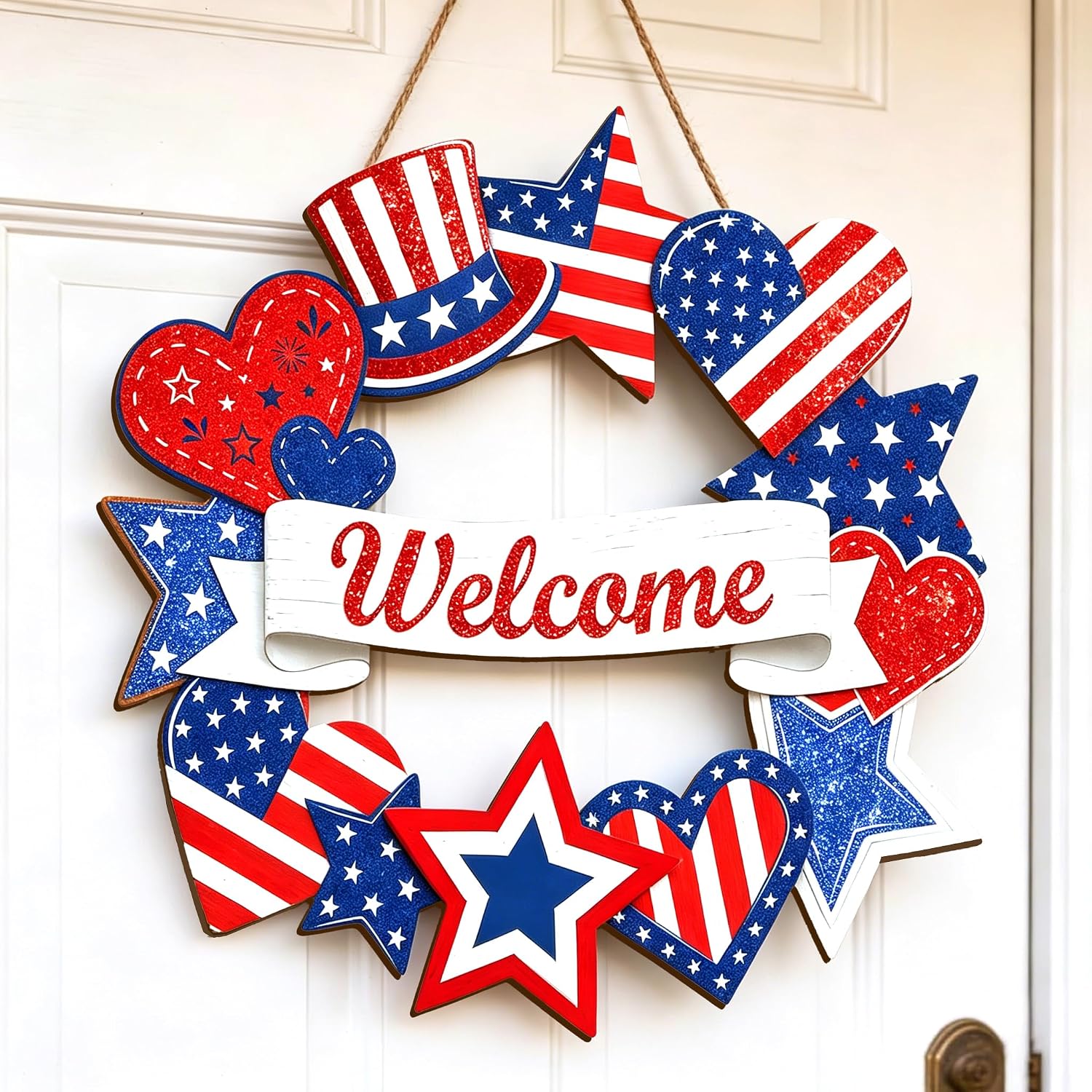 Wooden 4th of July Decorations Patriotic Wreaths for Front Door Independence Day Decorations Star Sign Welcome Memorial Day Hanging for Home Wall Decor Outdoor Indoor Red White and Blue Wreath