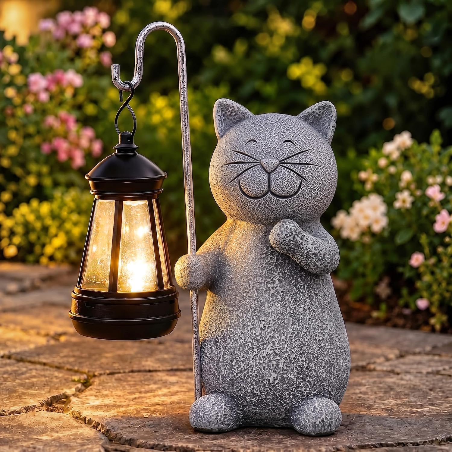 Qeeman Solar Cat for Garden Decor: Weatherproof Resin Statues | Warm Glow Lantern Outdoor Decoractions for Yard Pathway Patio Porch Balcony Front, Gifts for Mom Grandma Lovers