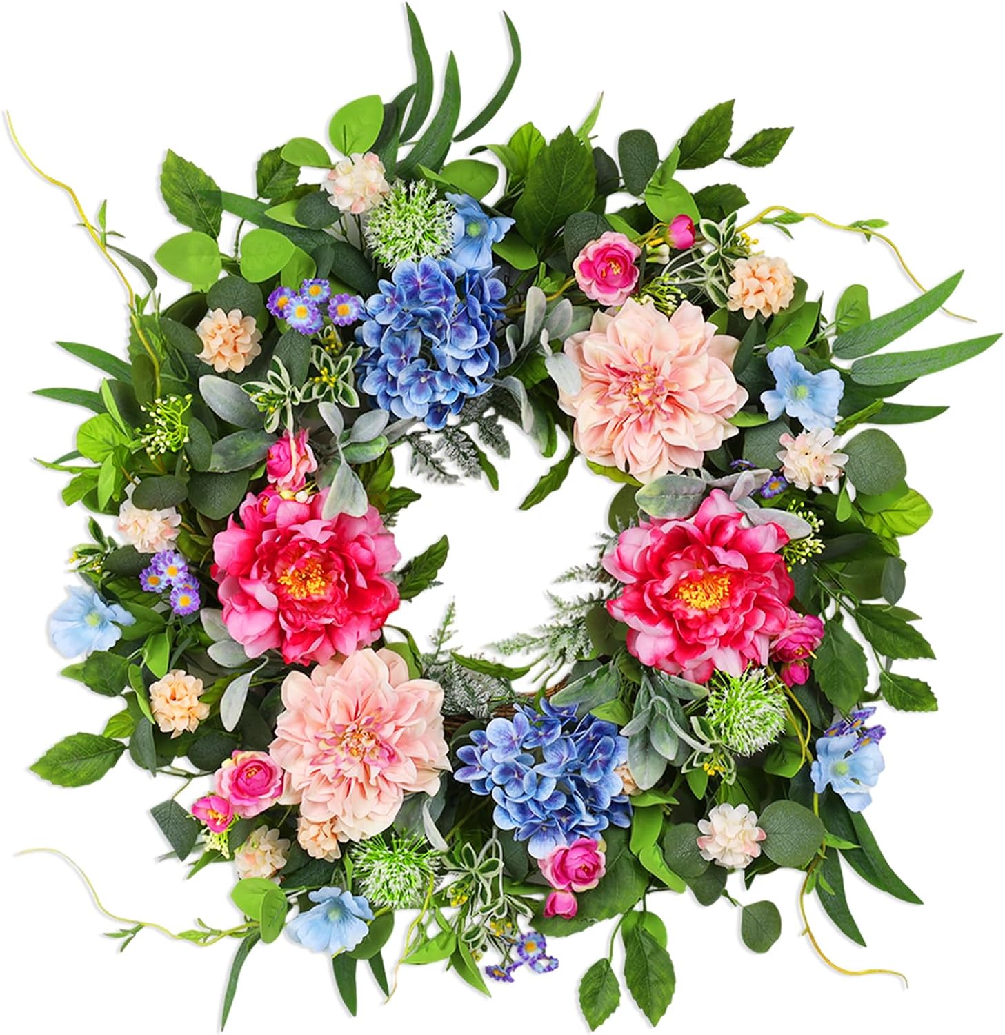 24 Inch Spring Wreaths for Front Door, Artificial Front Door Wreath with Daisy Peony Hydrangea Eucalyptus Green Leaves, Outside Floral Wreath for Home Porch, Home Decor for Indoor Outdoor Window Wall