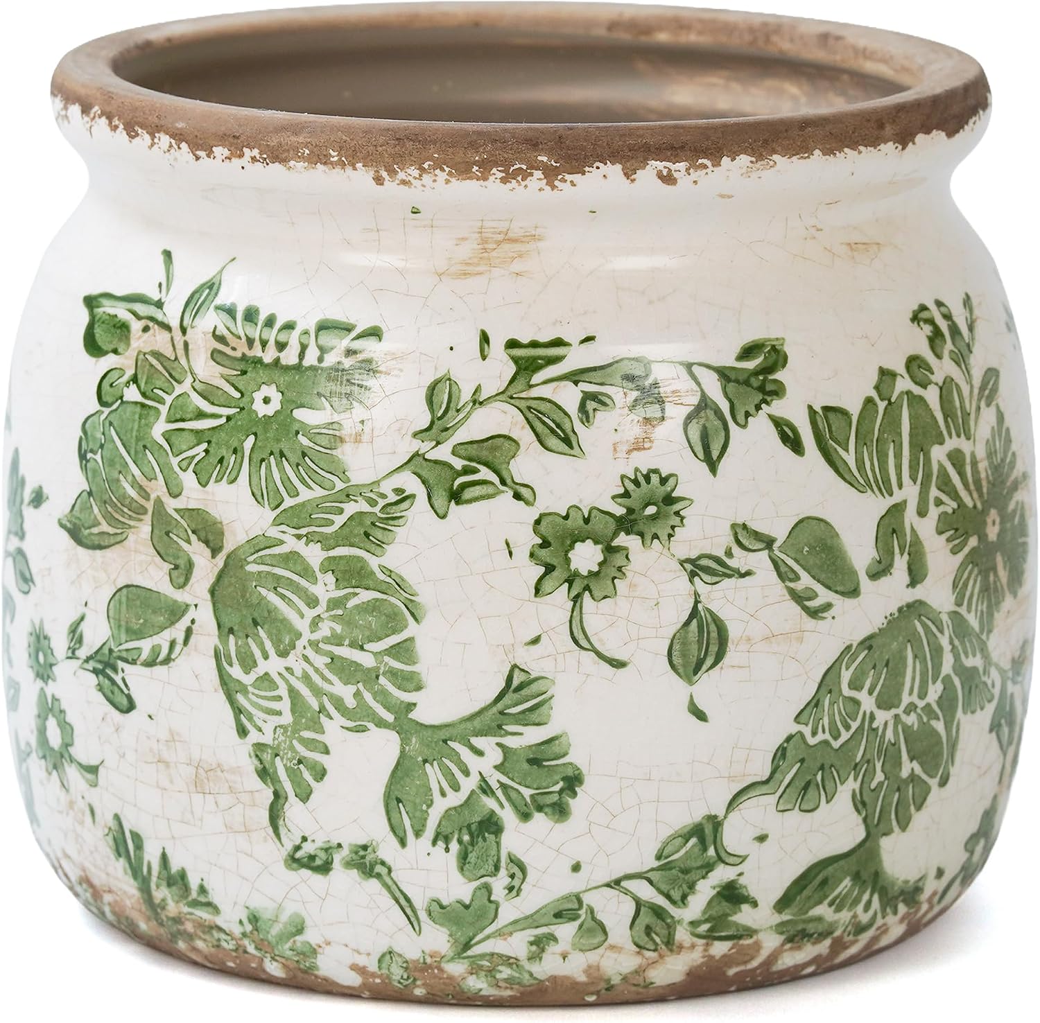Dosayes Vintage Plant Pot,6.29 inch Green Ceramic Flower Pot with Drainage | Rustic Floral Design with Crackle Glazed, Farmhouse indoor plant,Small Vase&Planter,Gardening Gifts, Home Decor.