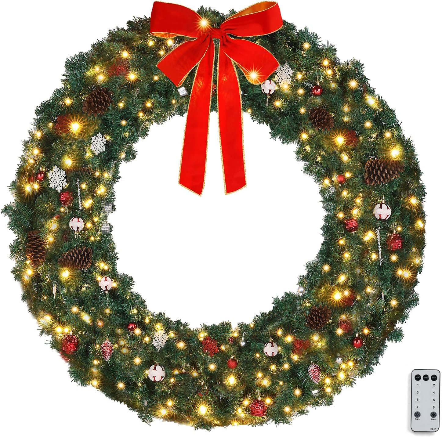 VINGLI 60″ Large Pre Lit Outdoor Christmas Wreath with 220 LED Lights | Green Christmas Wreath with 600 PVC Branches, Bow, Pine Cones And Timer Remote, Perfect for Garage And Outdoor Holiday Decor