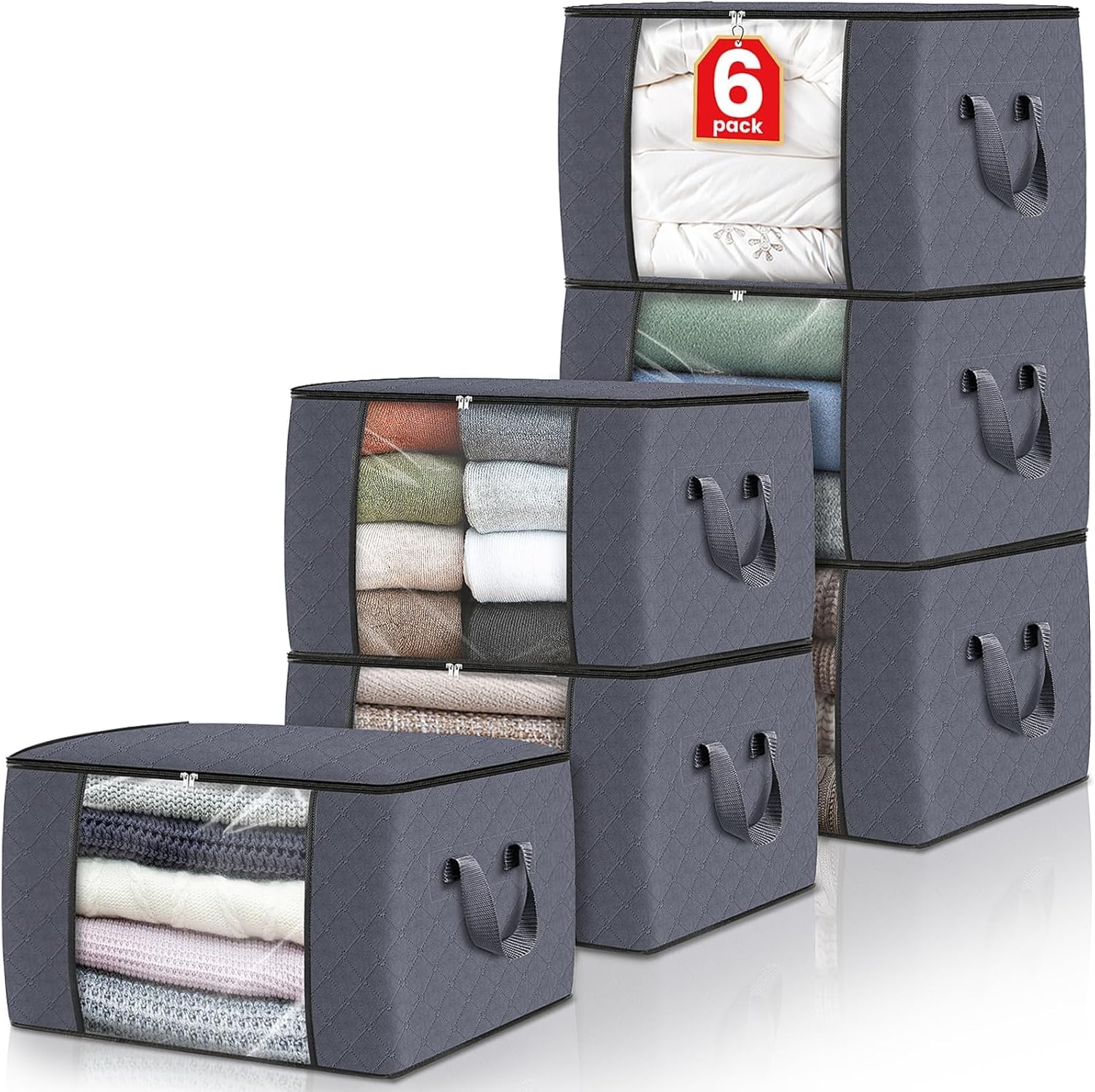 6 Pack Storage Bags for Clothes Blanket Storage Bins with Lids | Foldable Closet Organizers with Zippers,Window and Handles,Fabric Storage Bins for Sweater,Comforter,Bedding,Dorm essentials