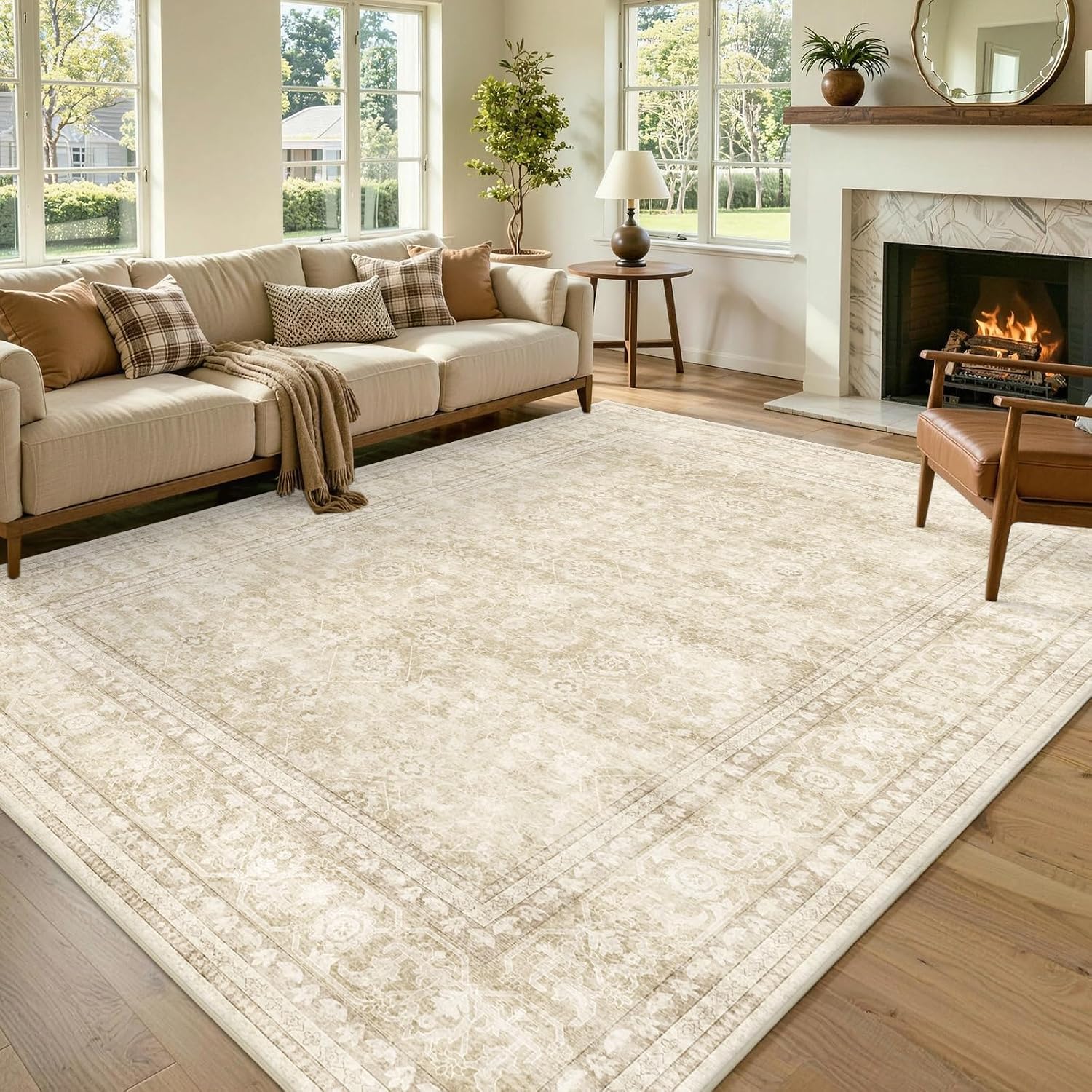 6×9 Ft Large Area Rugs for Living Room, Soft Non-Slip Machine Washable Rug, Vintage Stain Resistant Carpets for Bedroom Nursery Dining Room Home Decor (Beige)