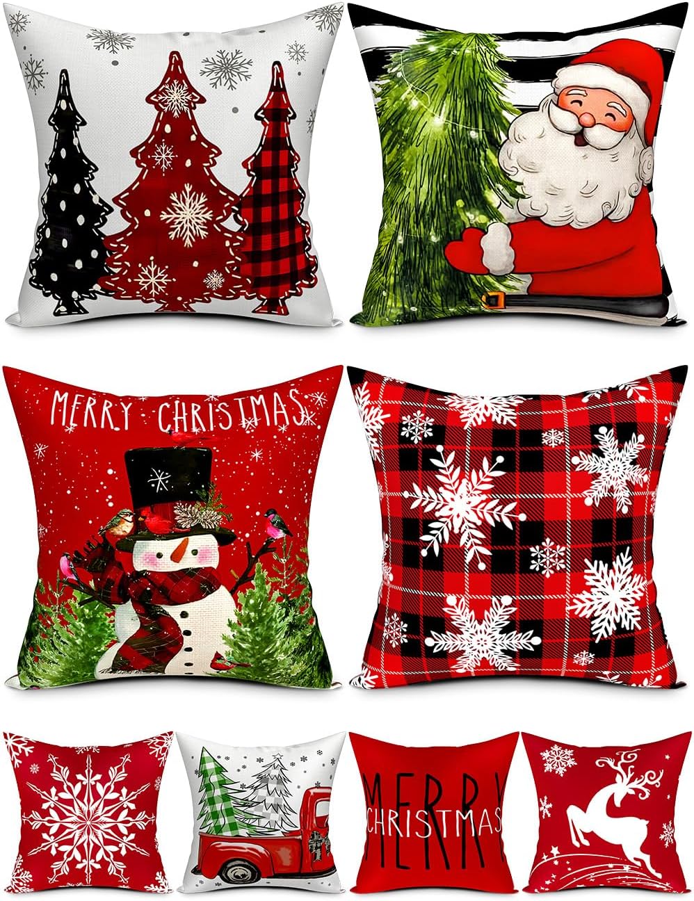 Double-Sided Print Christmas Pillow Covers 18”x18”, Set of 4, 8 Christmas Patterns Christmas Tree, Snowman, Snowflakes, Merry Christmas, Deer, Santa Claus,Truck, Let It Snow, Soft Linen Material
