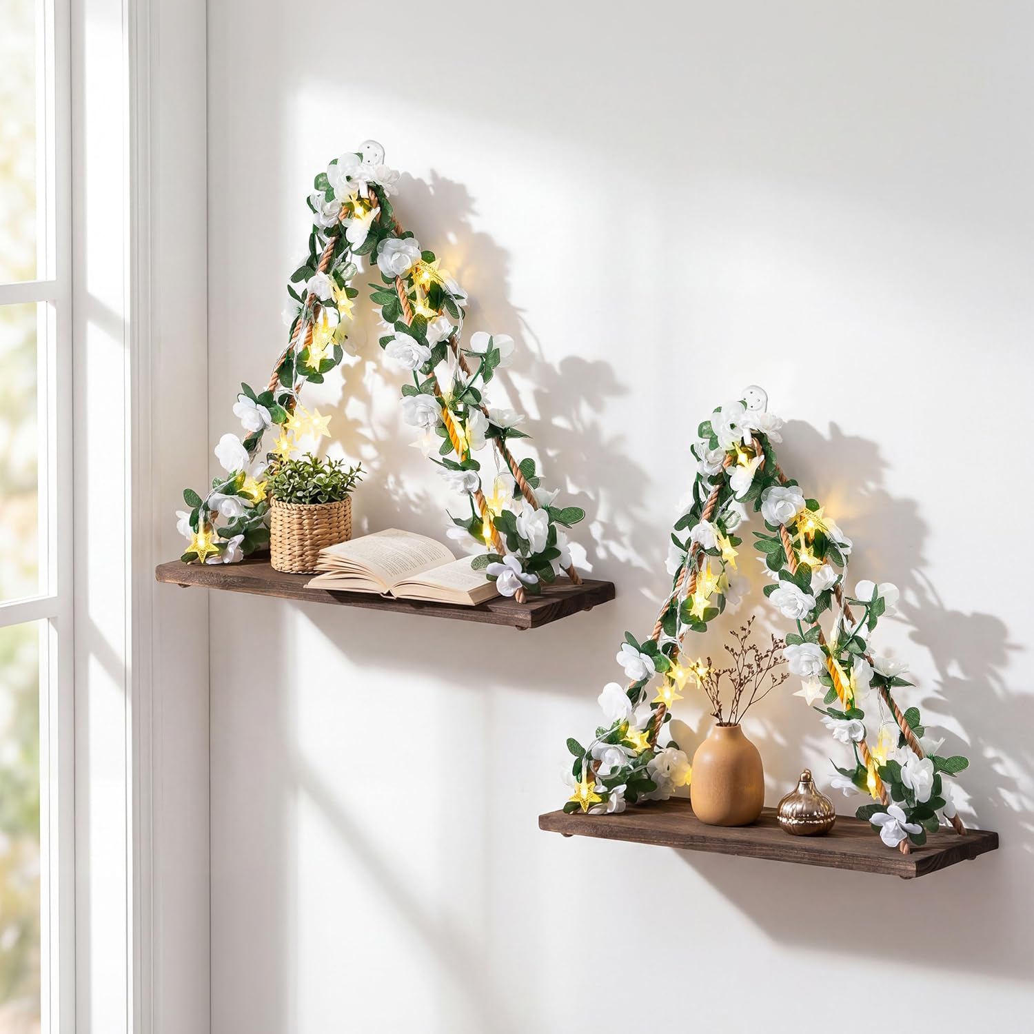 2 Pack Floating Shelves for Wall Decor Storage Hanging Shelves with Artificial Flowers Garland & LED-Strip for Living Room, Bedroom Space Saving Shelf, White Flower, Dark-colored Wooden Board