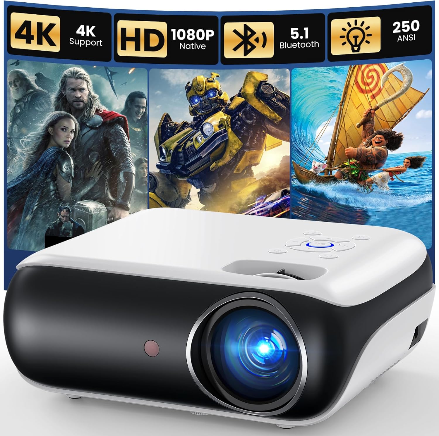 HAPPRUN Native 1080P Outdoor Smart Projector-Standard | Native 1080P • Mini & Portable • Easy Setup • Built-in Speaker • Indoor & Outdoor • Phone, Laptop & PS5 Compatible