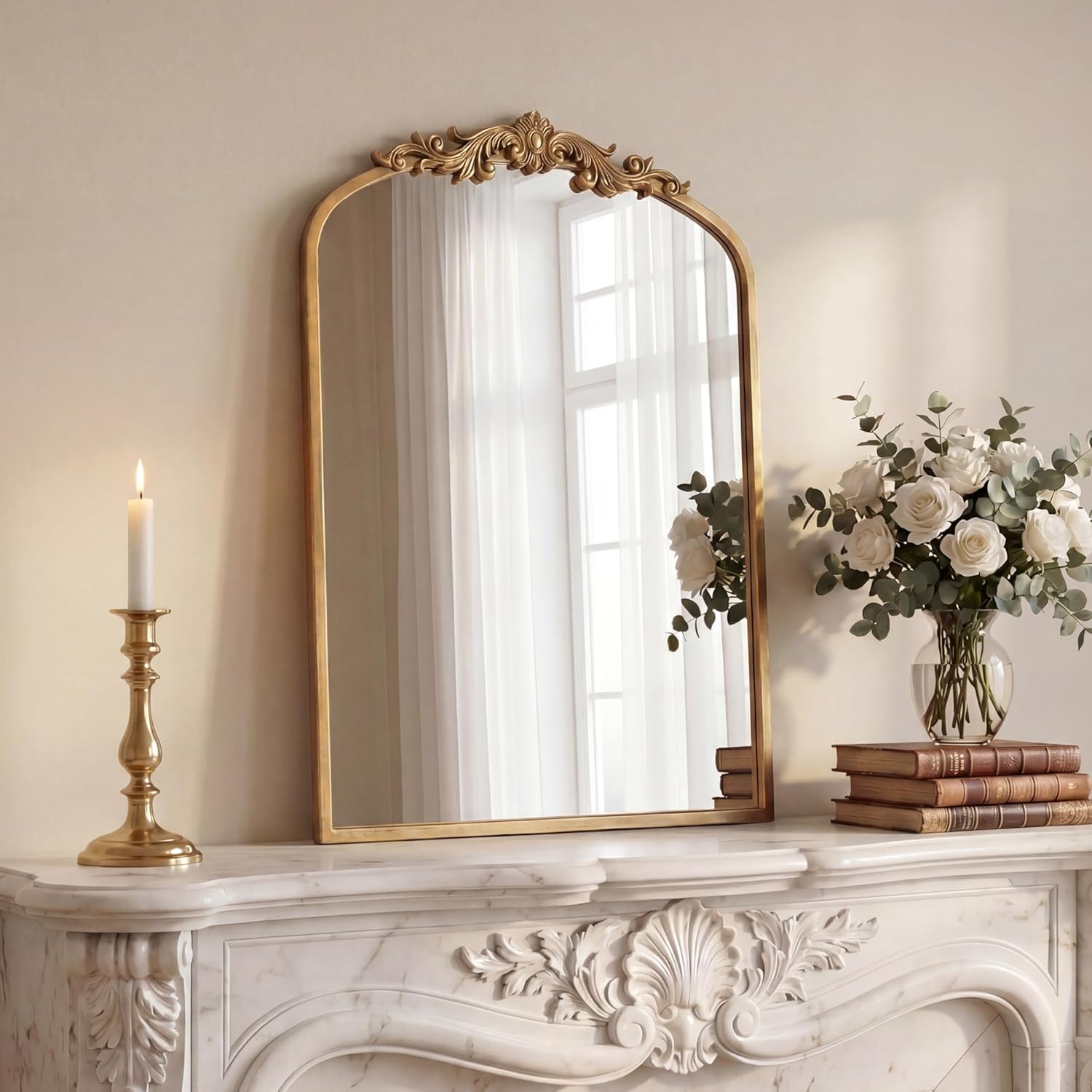 PERFNIQUE Vintage Mirror, 30″ X 19″ Arched Antique Baroque Mirror, Gold Traditional Wall Decor, Ornate Decor Anthro Look Alike Decor for Bathroom Living Room Fireplace Entryway Mantle Hallway