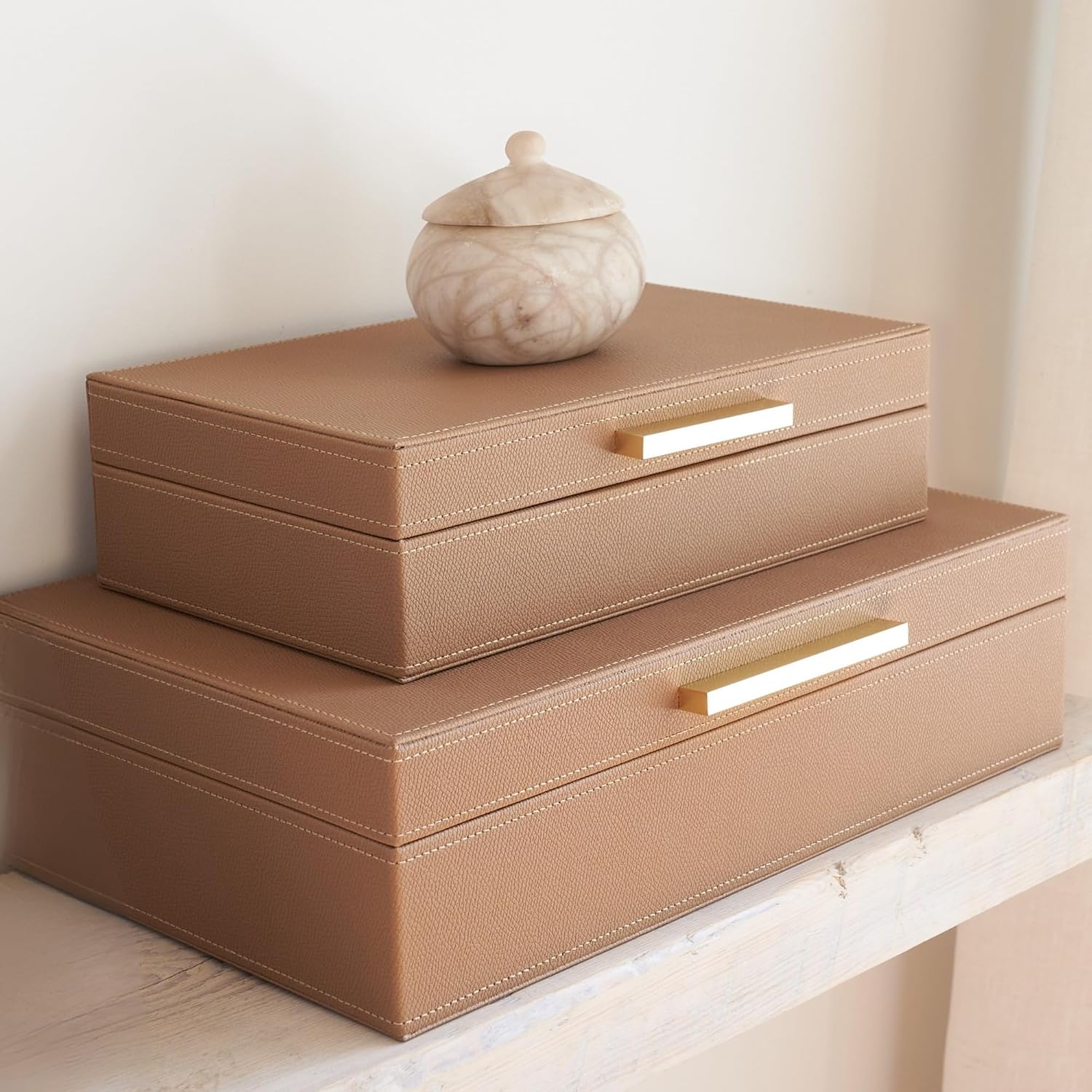 ZICOTO Decorative Storage Boxes with Lids – Set of 2 Beautiful PU Leather Organizer Bins for Your Bookshelf Home Decor – Safely Store Photos, Documents and Memory Box Keepsakes in Style