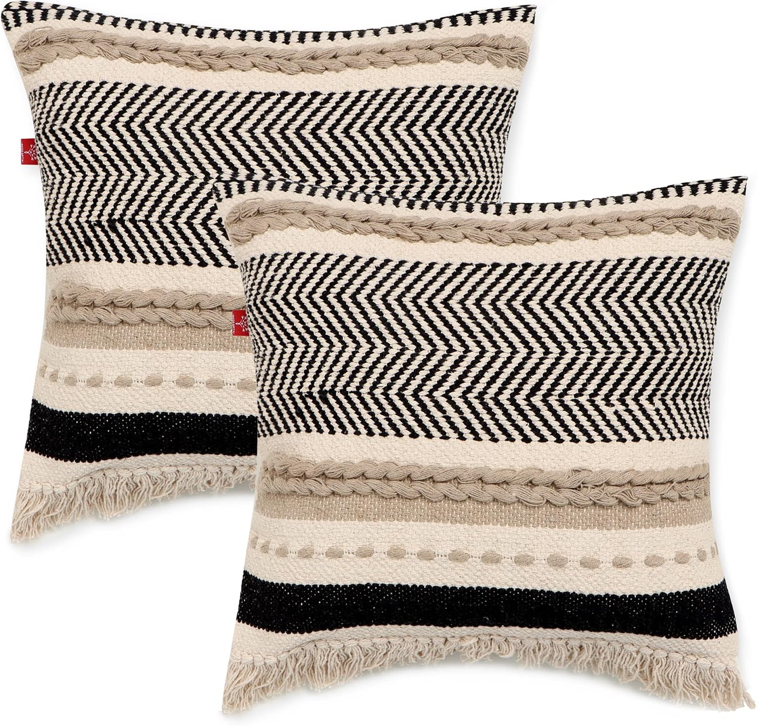 · REDEARTH · Handmade Boho Throw Pillow Covers – Bohemian Farmhouse Style – Accent Woven Indoor and Covered Patio Pillow Cushion Cases for Couch, Bed, Chair, Sofa, Bench – Set of 2-18″x18″ – Natural