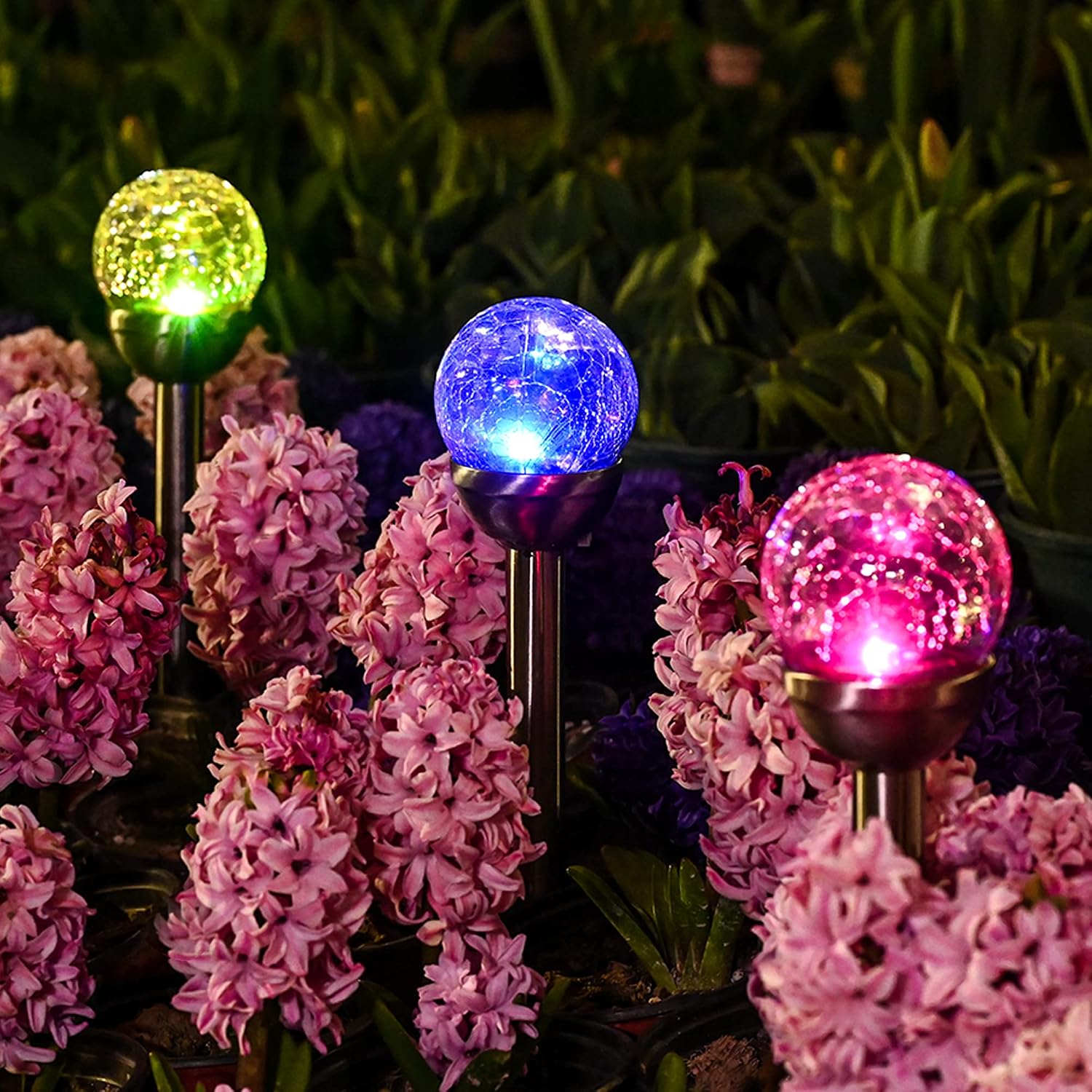 Solar Pathway Lights 3 Pack, Color Changing Globe Lights for Garden Decor | Cracked Glass Ball Outdoor Lights Solar Powered, Colored Solar Lights Outdoor Decorative Waterproof