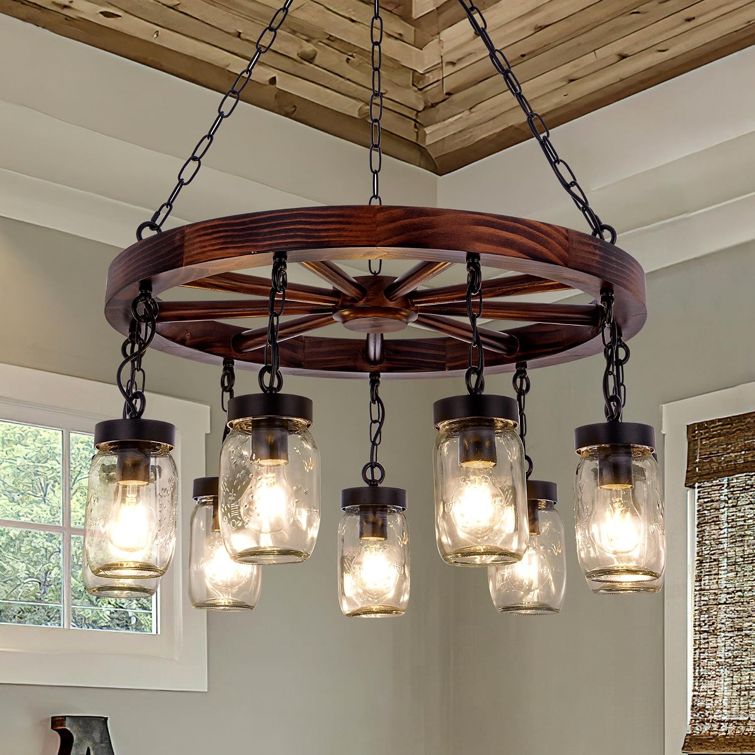 Wellmet Farmhouse Chandelier for Dining Room 30″, 9-Light Rustic Wood Wagon Wheel Chandeliers for Living Room, Vintage Pendant Fixture Hanging with Glass Mason Jar for Foyer Bedroom Entryway