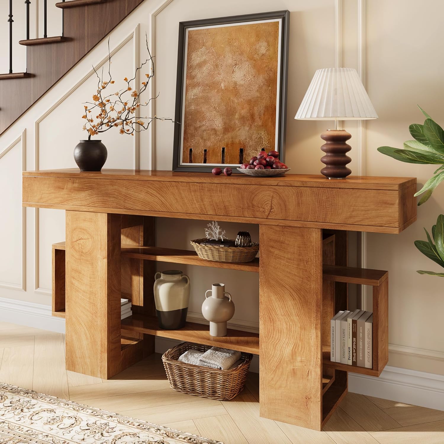 Einhomn 63 Inches Entryway Table, Wooden Console Table with Storage, Narrow Sofa Table Behind Couch, Farmhouse Long Entry Hallway Tables for Entrance, Foyer, Living Room, Natural Brown